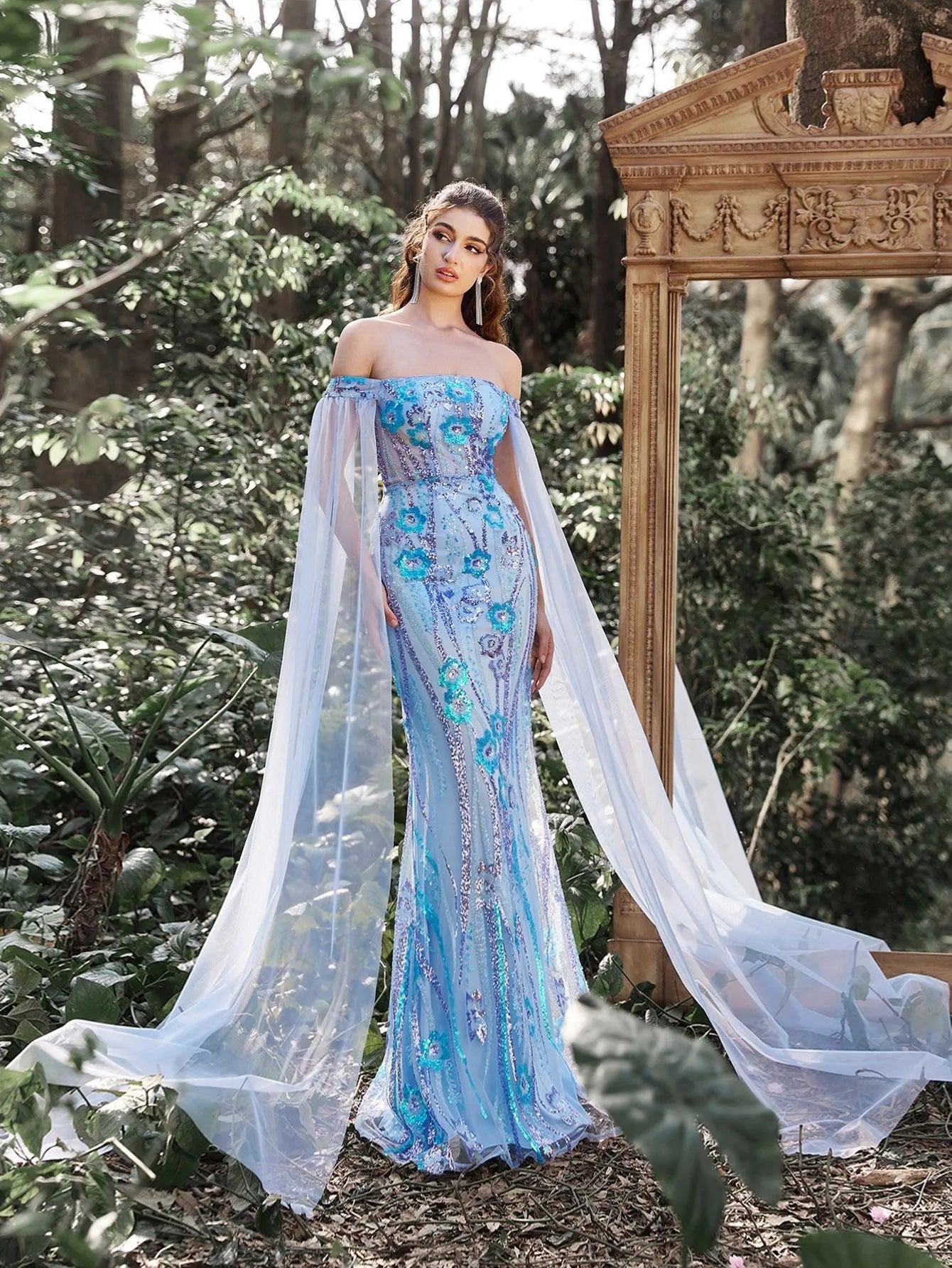 Elegant Off Shoulder Cape Sleeves Mermaid Hem Floral Sequin Evening Dress