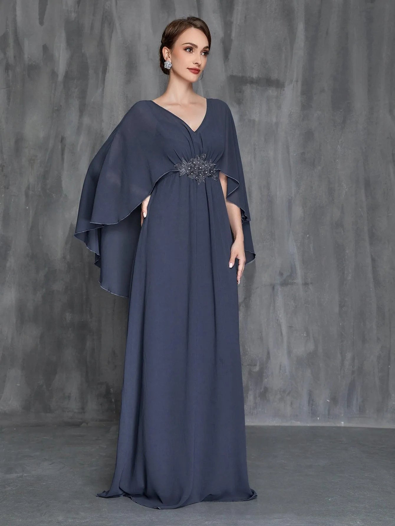 Womens' Applique Detail V Neck Chiffon Cape Dress