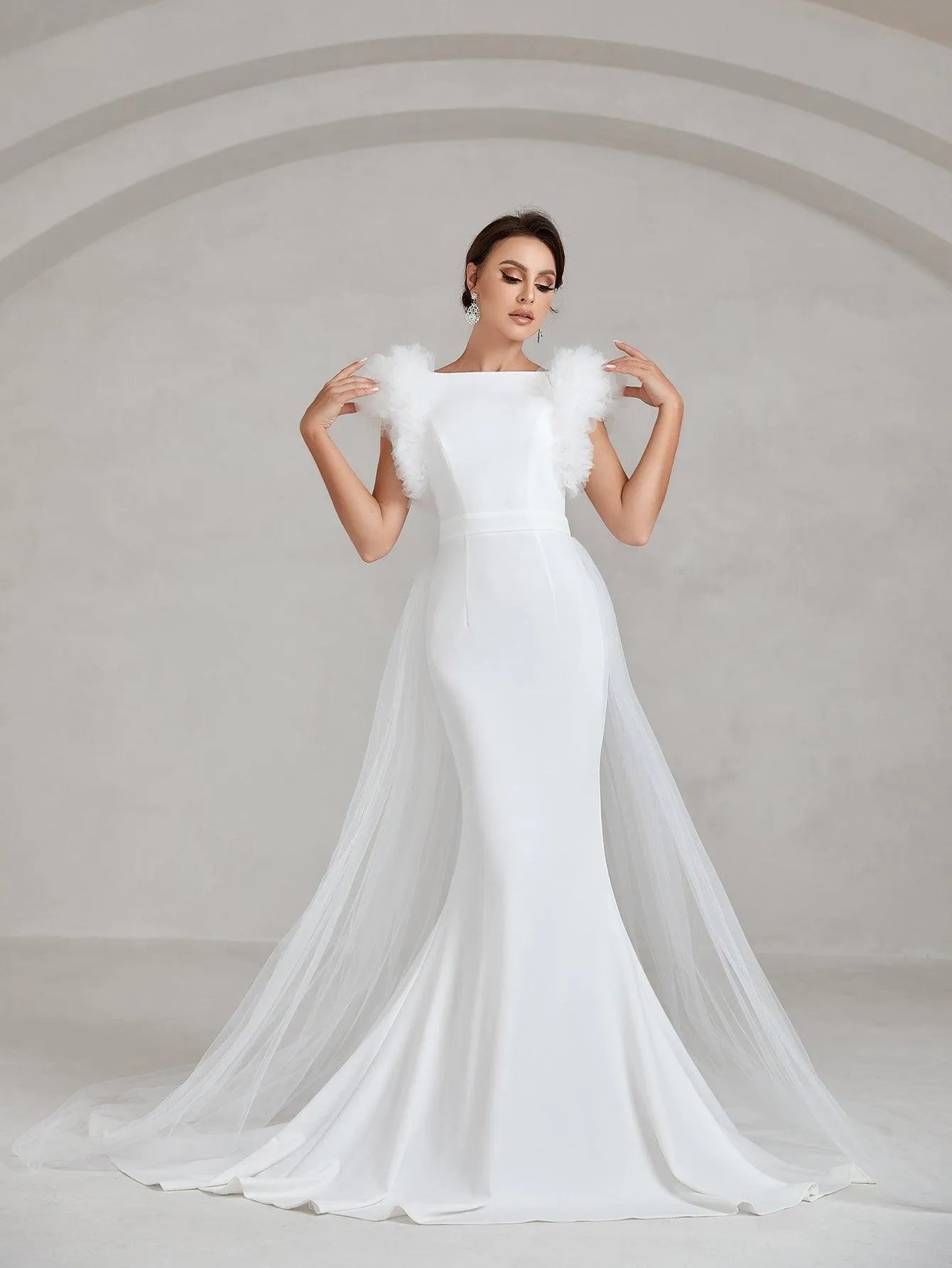 Elegant Ruffle Trim Backless Mermaid Hem Wedding Dress