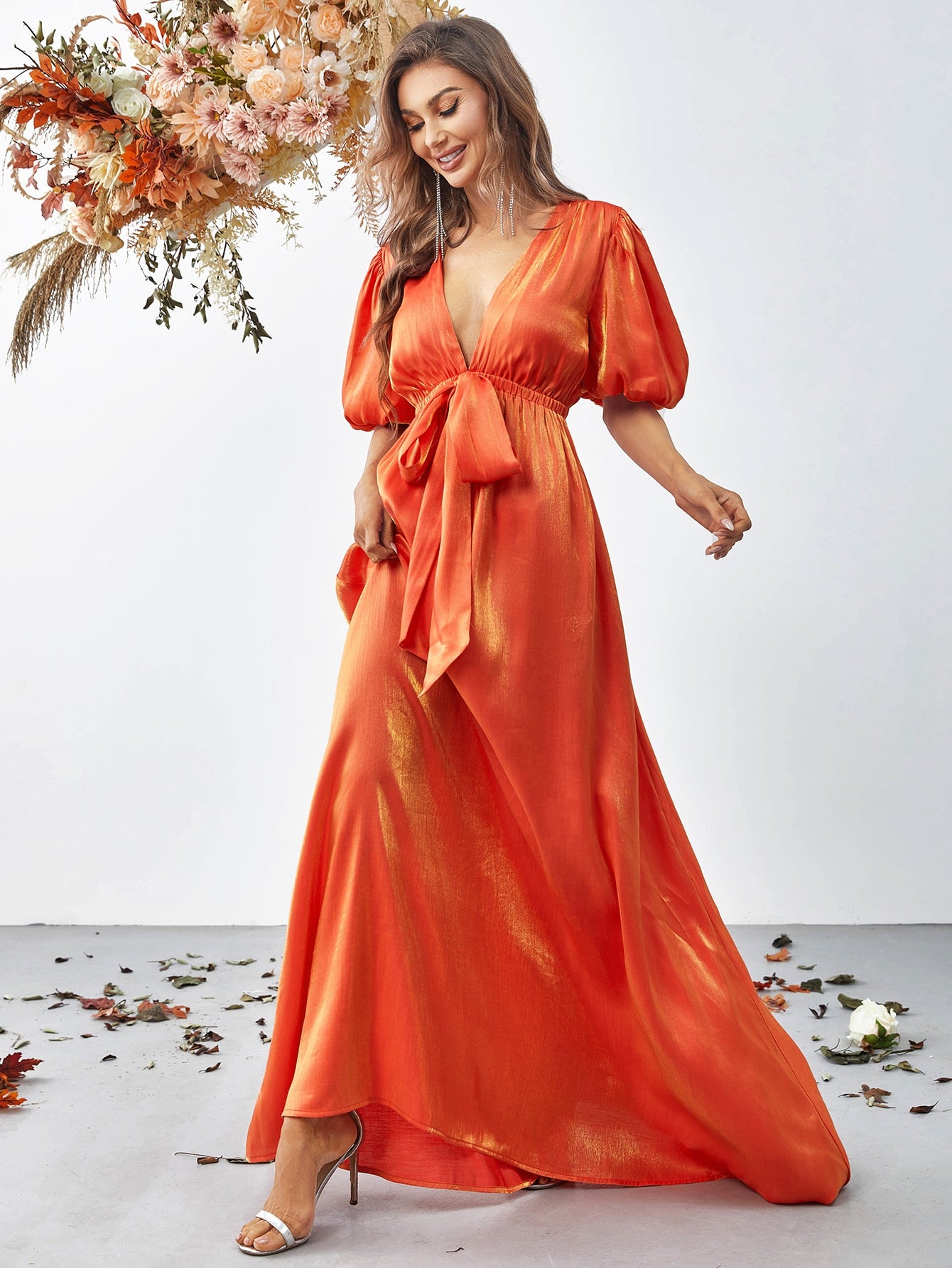 Orange Plunging Neck Puff Sleeve Belted Dress