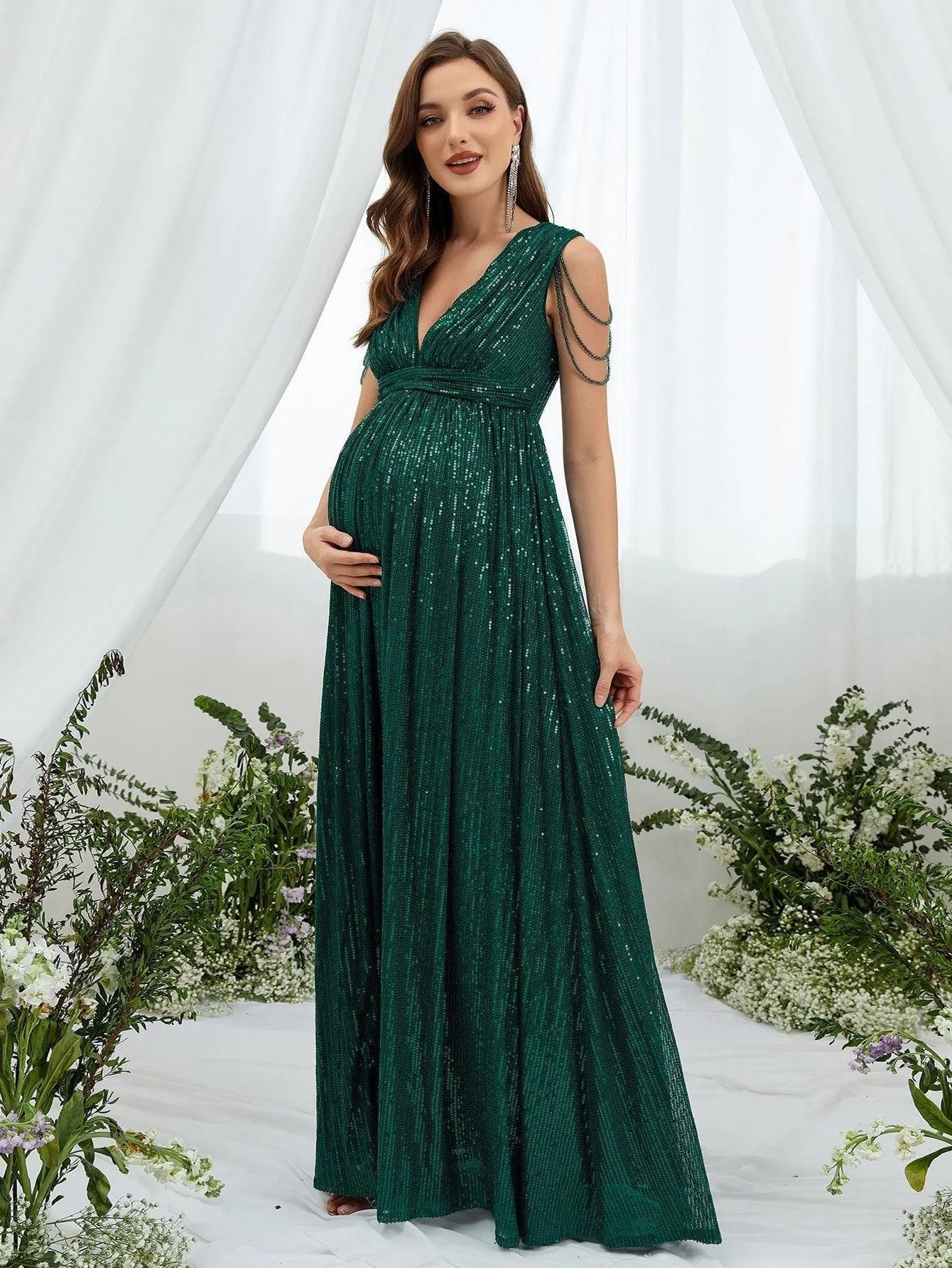 Maternity Chain Detail Plunging Neck Sequin Dress