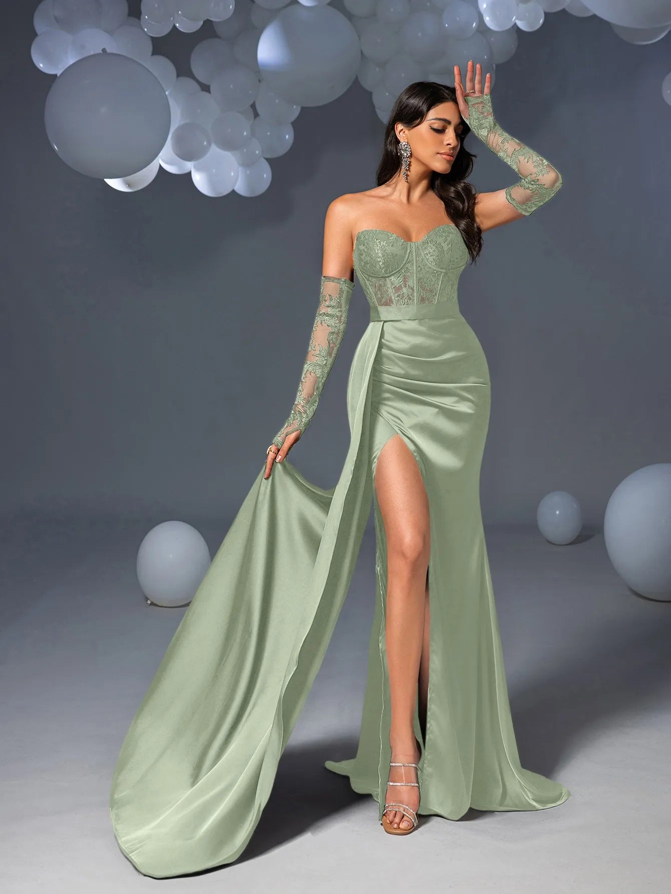 Elegant Strapless Lace Bodice Sheer Sleeves Satin Mermaid Hem Evening Dress