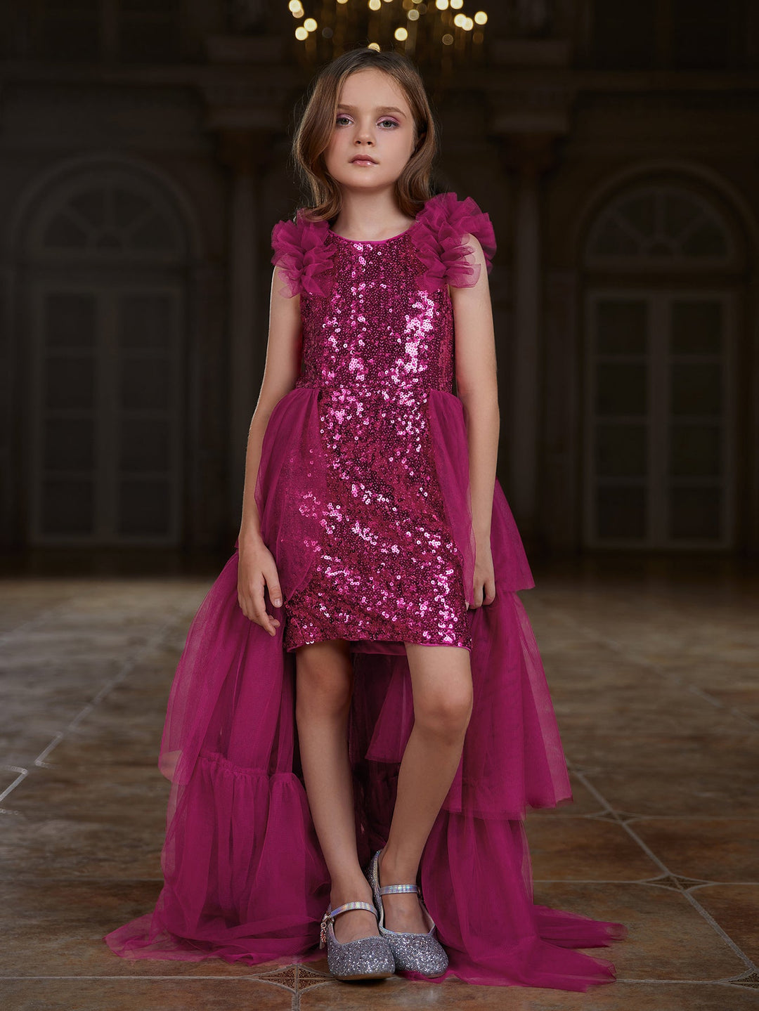 Tween Girls' Mesh Layered Hem Sequin Party Dress