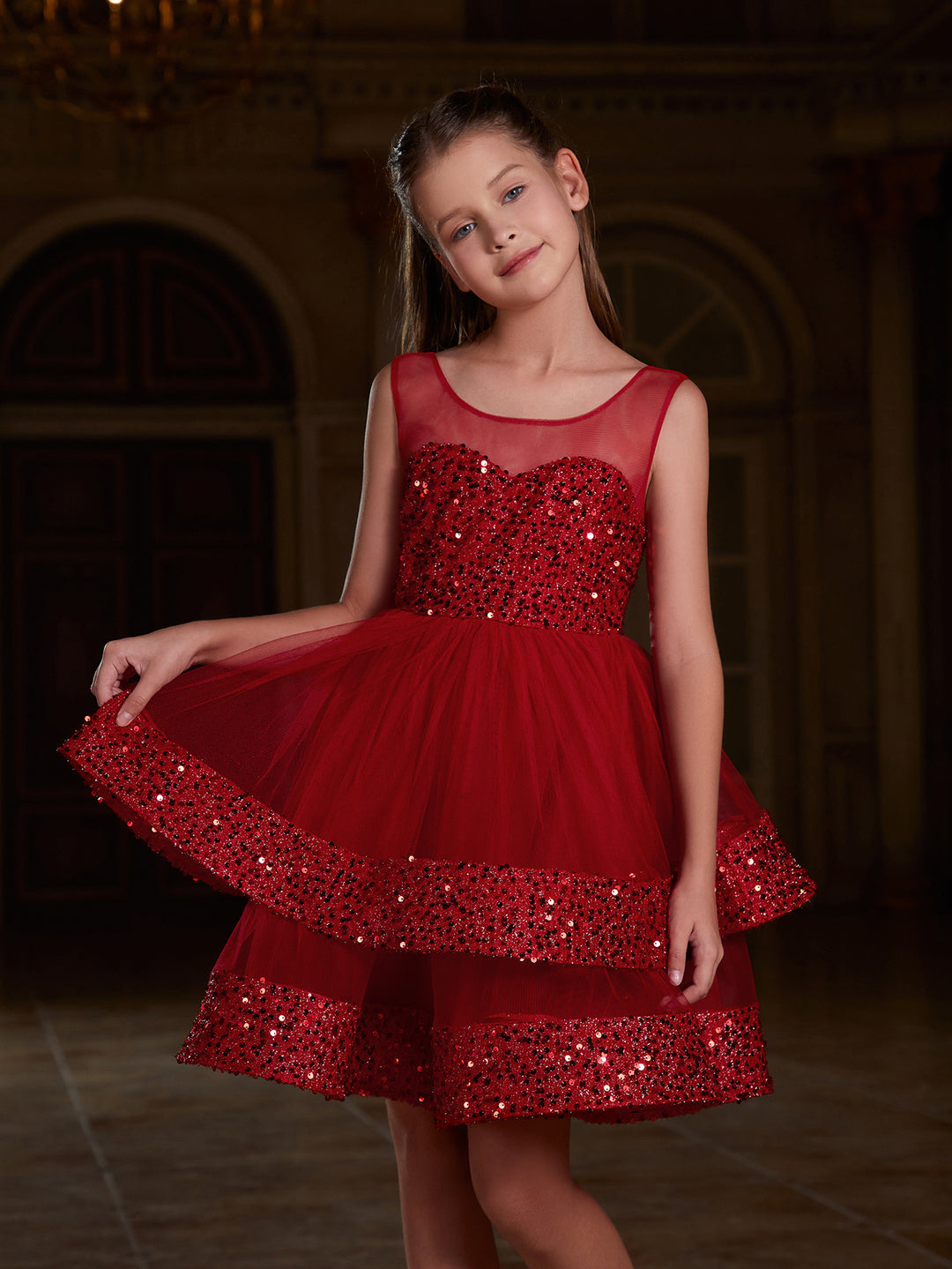 Girl's Mesh Layered Hem Contrast Sequin Party Dress