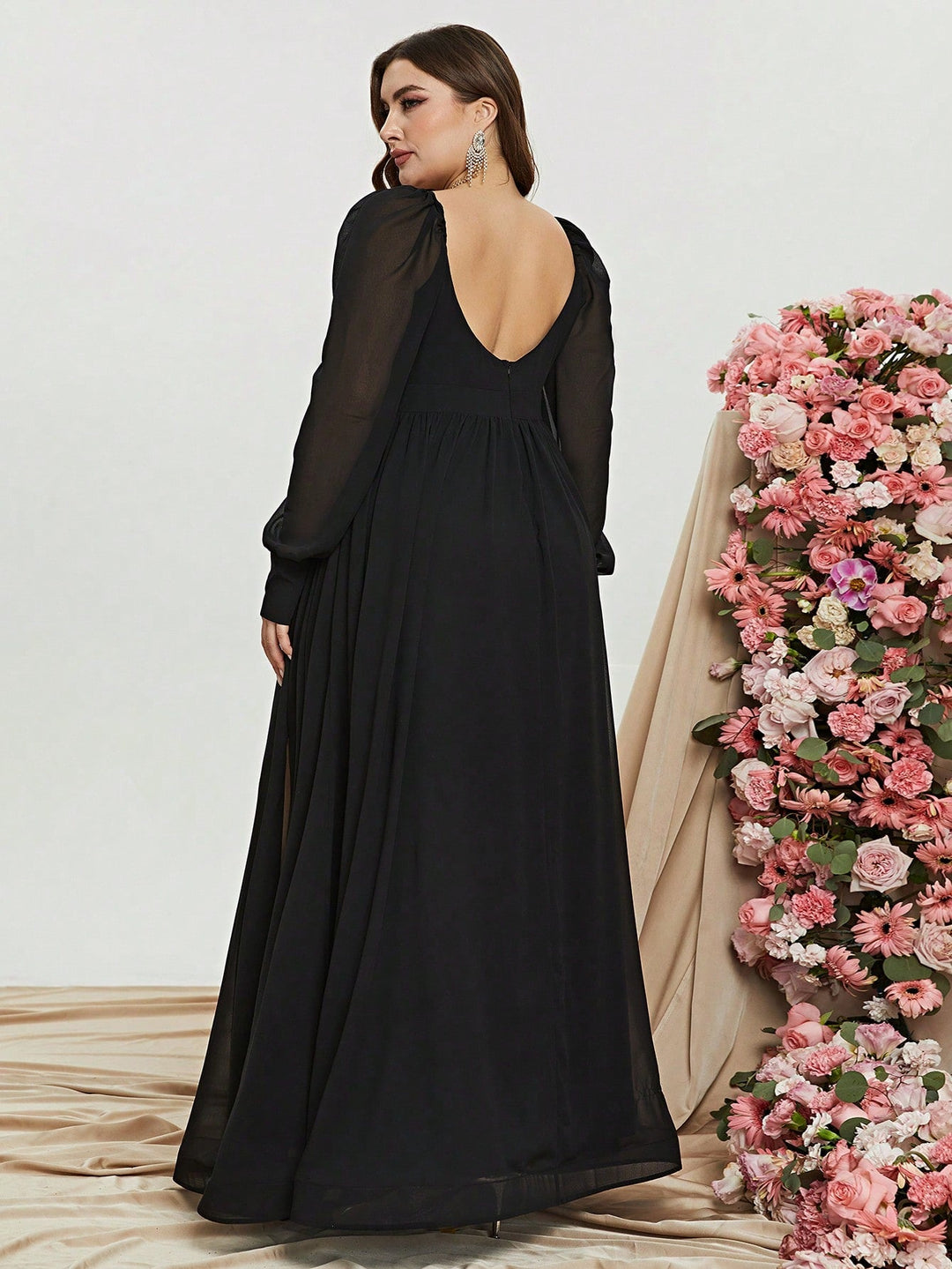 Plus Size Sweetheart Backless Long Sleeve Chiffon A line Dresses