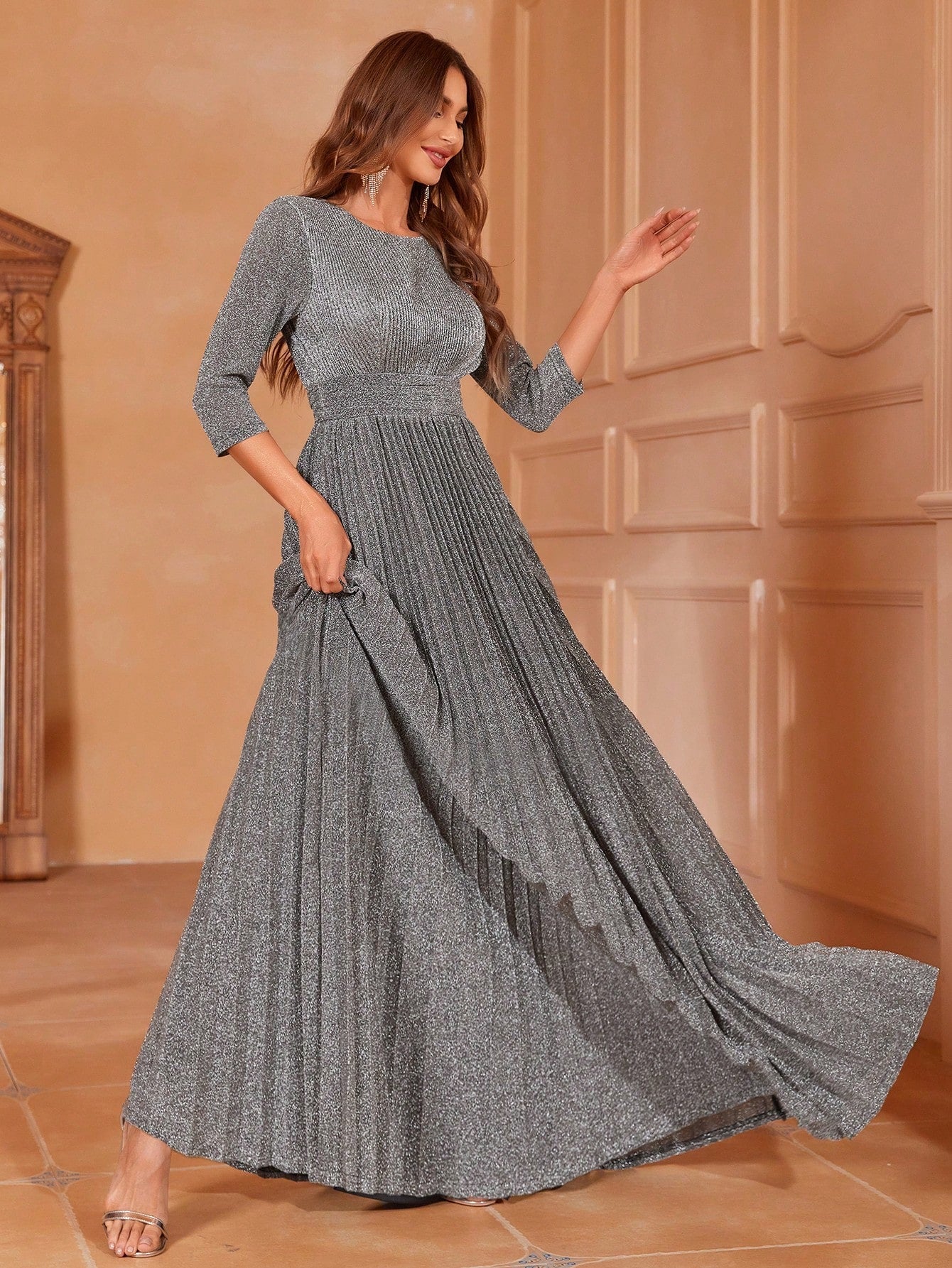 Glitter 3/4 Sleeve Pleated A Line Dress