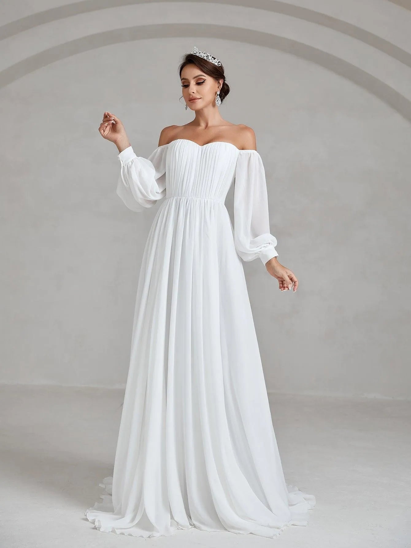 Off Shoulder Lantern Sleeve Chiffon Wedding Dress