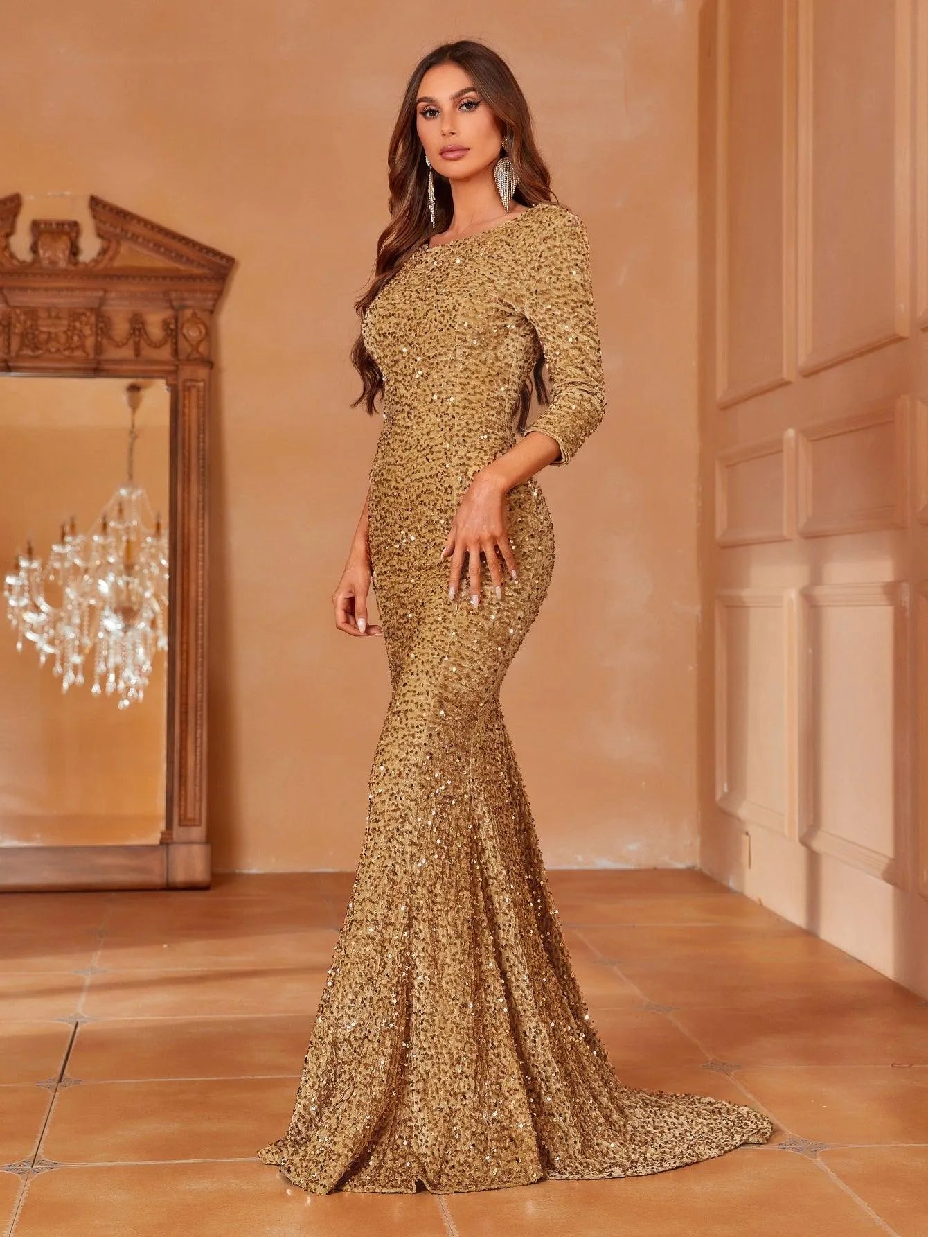 Backless 3/4 Sleeve Sequin Mermaid Dresses