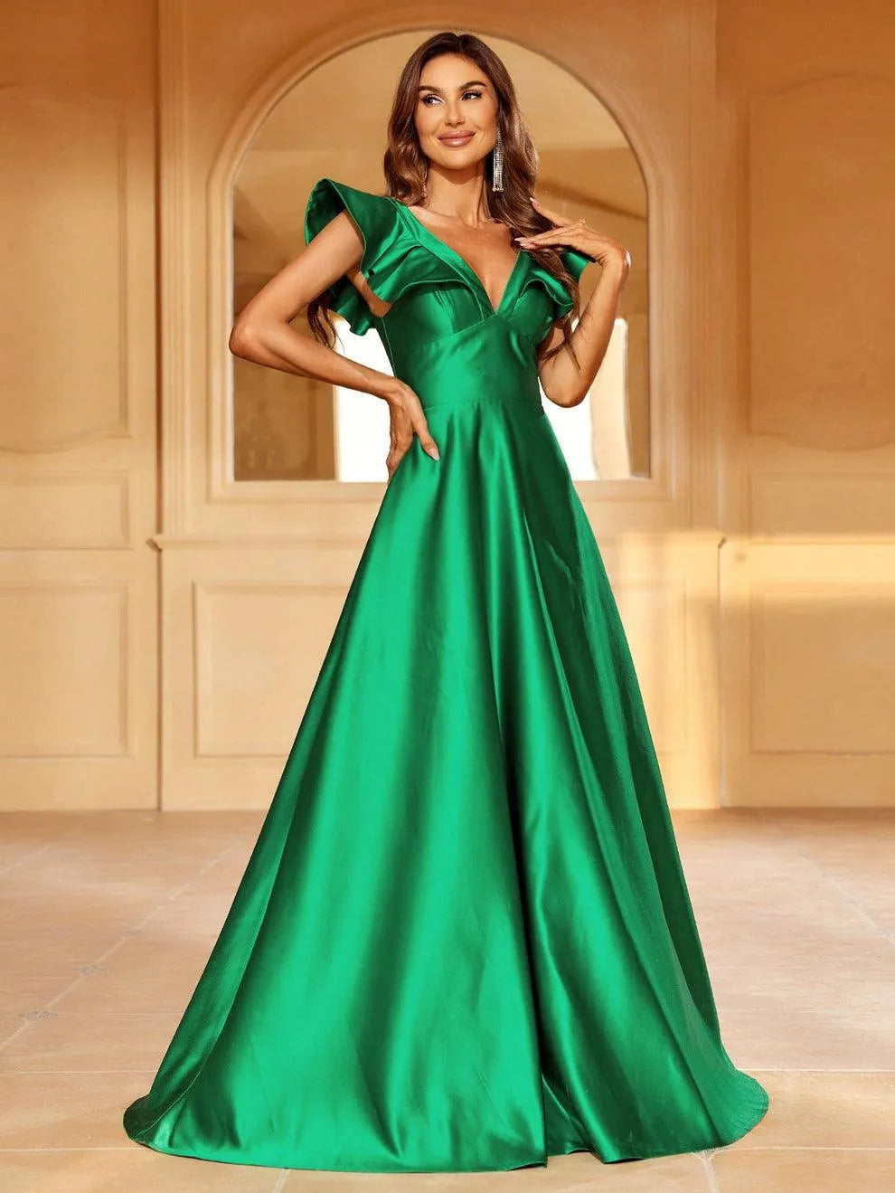 Elegant Ruffle Trim Plunging Neck Satin Formal Dress