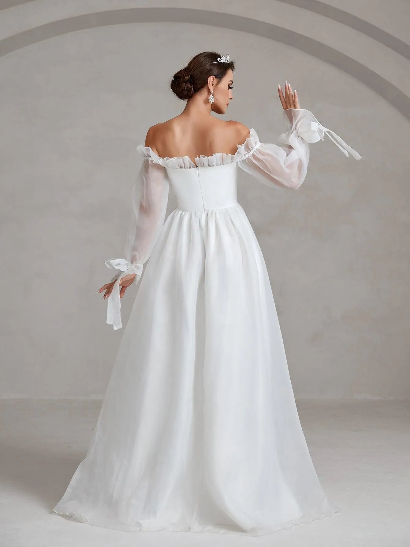 Ruffle Trim Off Shoulder Flounce Sleeve A Line Wedding Dress