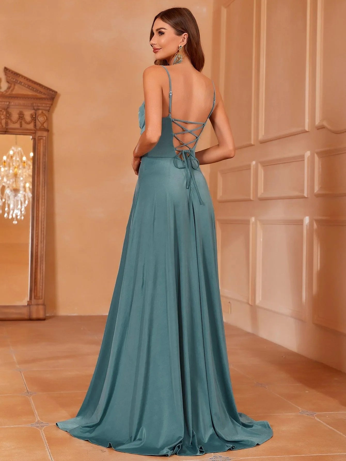 Elegant Ruched Draped Collar Cami Bridesmaid Dress