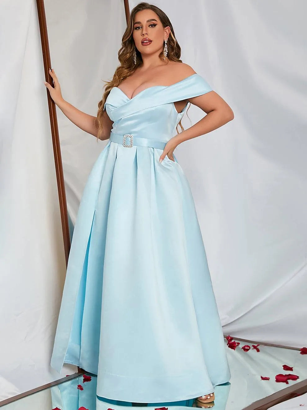 Plus Off Shoulder Buckle Belted Satin Ball Gown