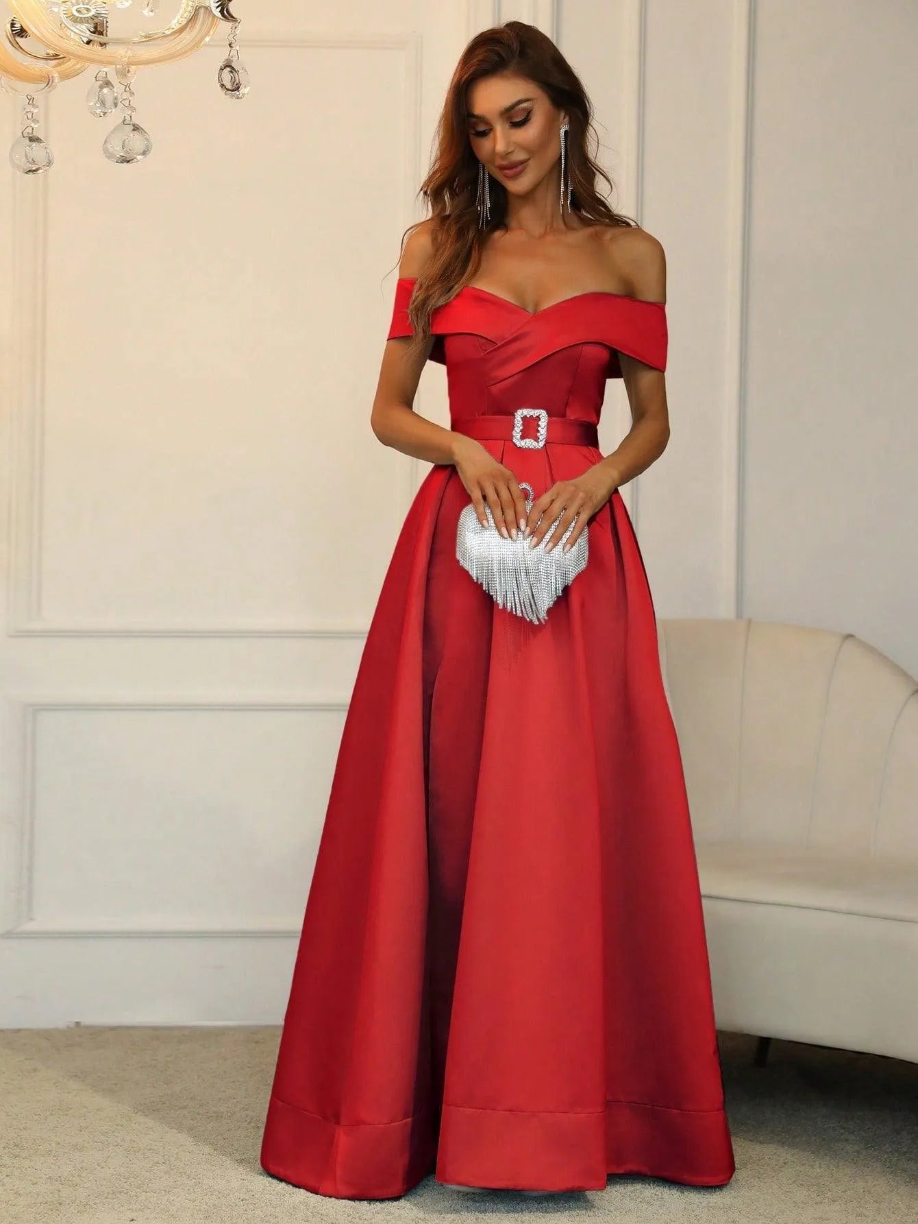 Off Shoulder Buckle Belted Satin Ball Gown