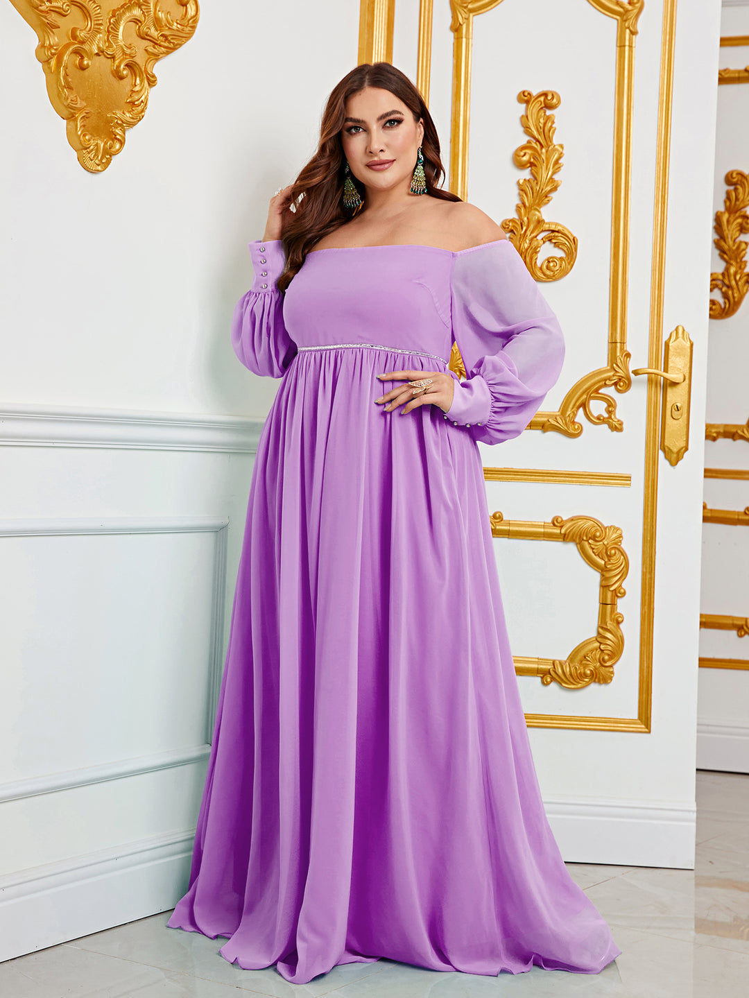 Plus Size Elegant Off Shoulder Long Sleeve Chiffon A Line Dresses