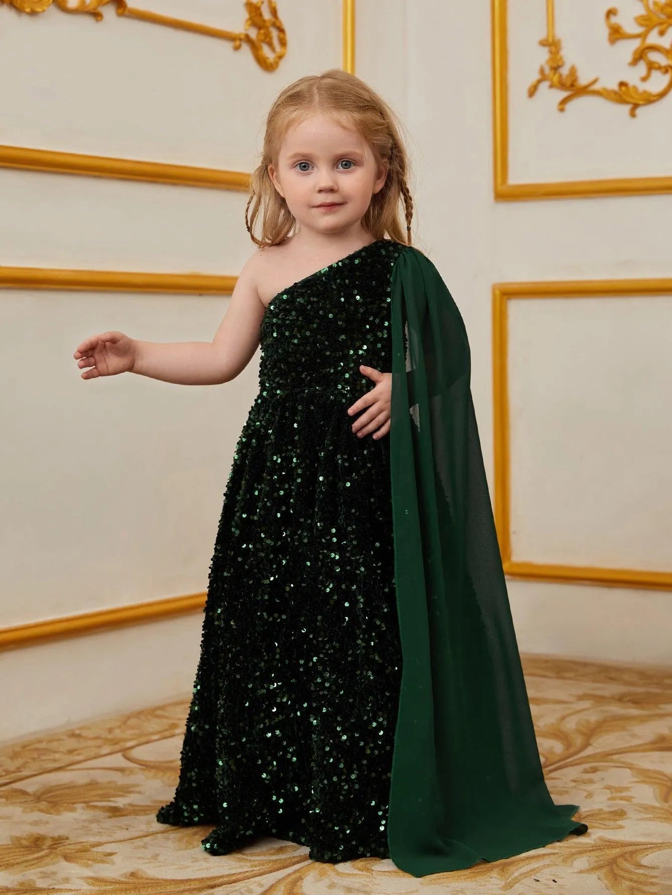 Young Girls' One Shoulder Draped Side Sequin A Line Dress