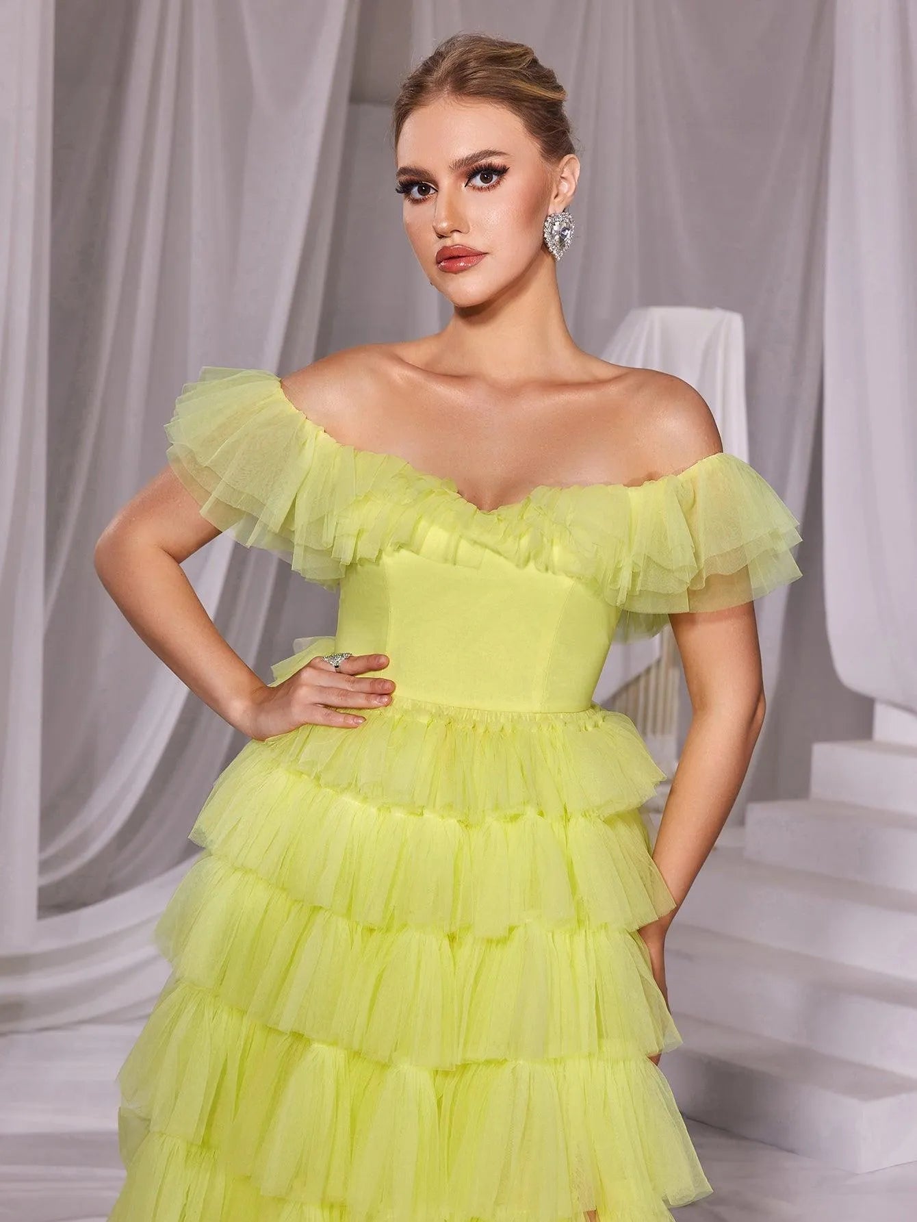 Ruffle Trim Off Shoulder Split Mesh Cake Dress