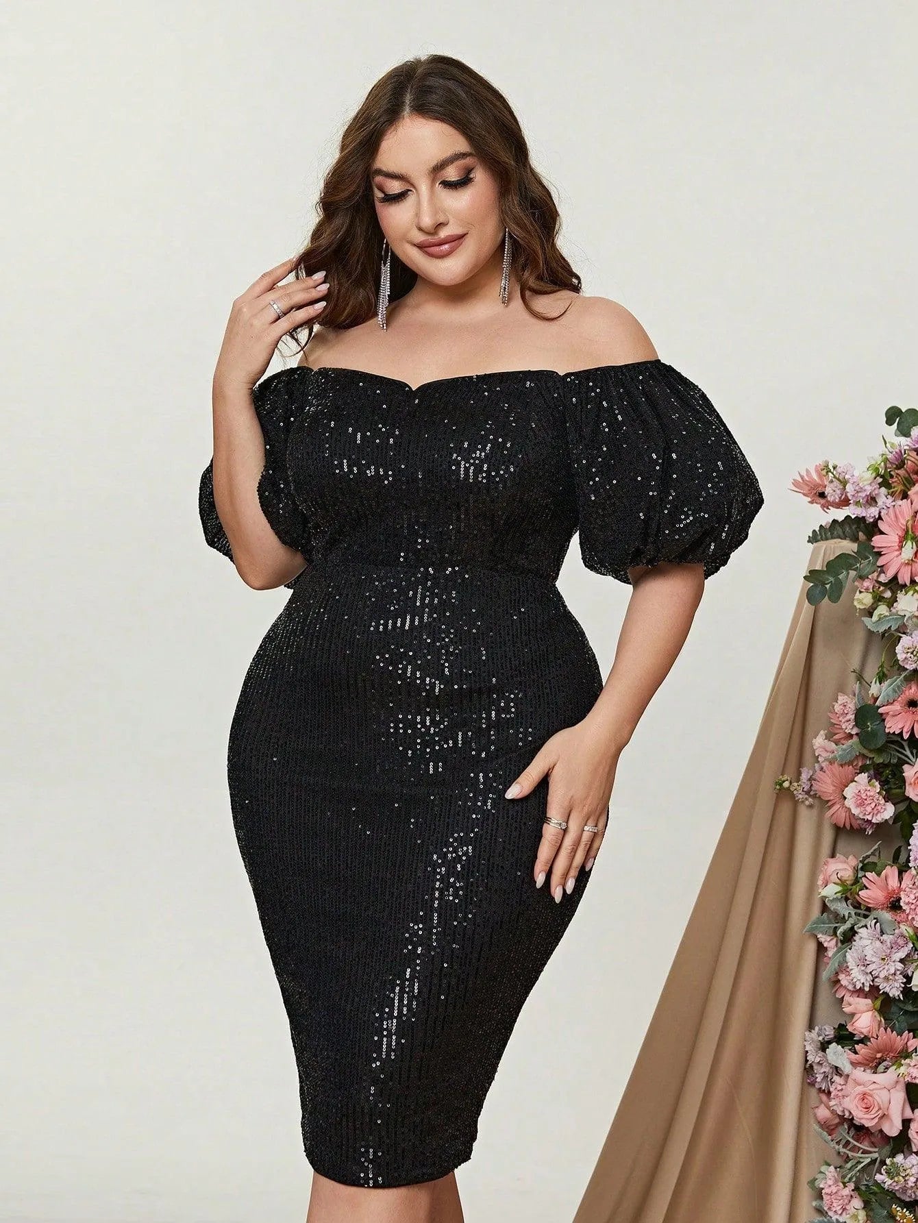 Plus Off Shoulder Puff Sleeves Sequin Midi Dress