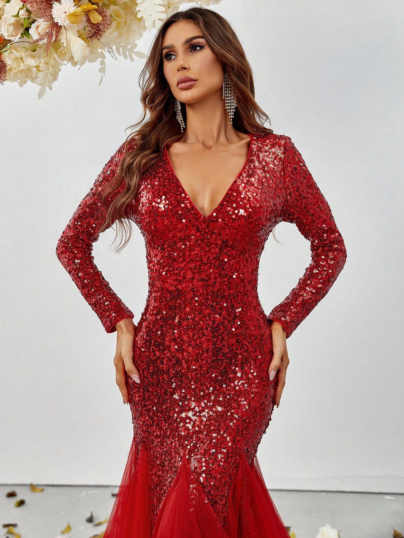 Elegant V Neck Long Sleeve Mesh Insert Sequin Mermaid Dress