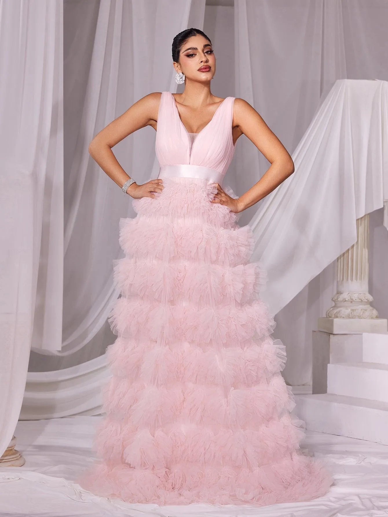 Plunging Neck Ruffle Layered Hem Cake Prom Dress