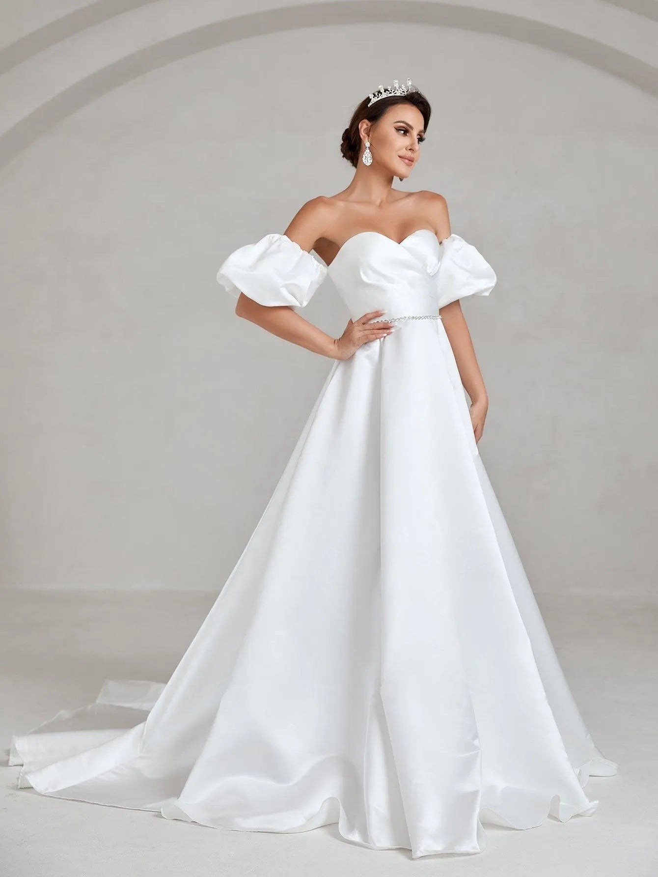 Puff Sleeve Rhinestone Waistband Satin Tube Wedding Dress