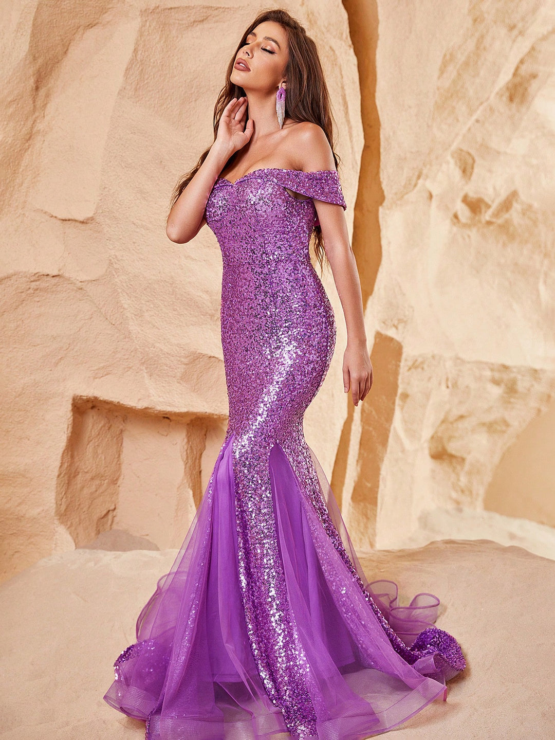 Off Shoulder Sleeveless Mesh Insert Sequin Mermaid Dress