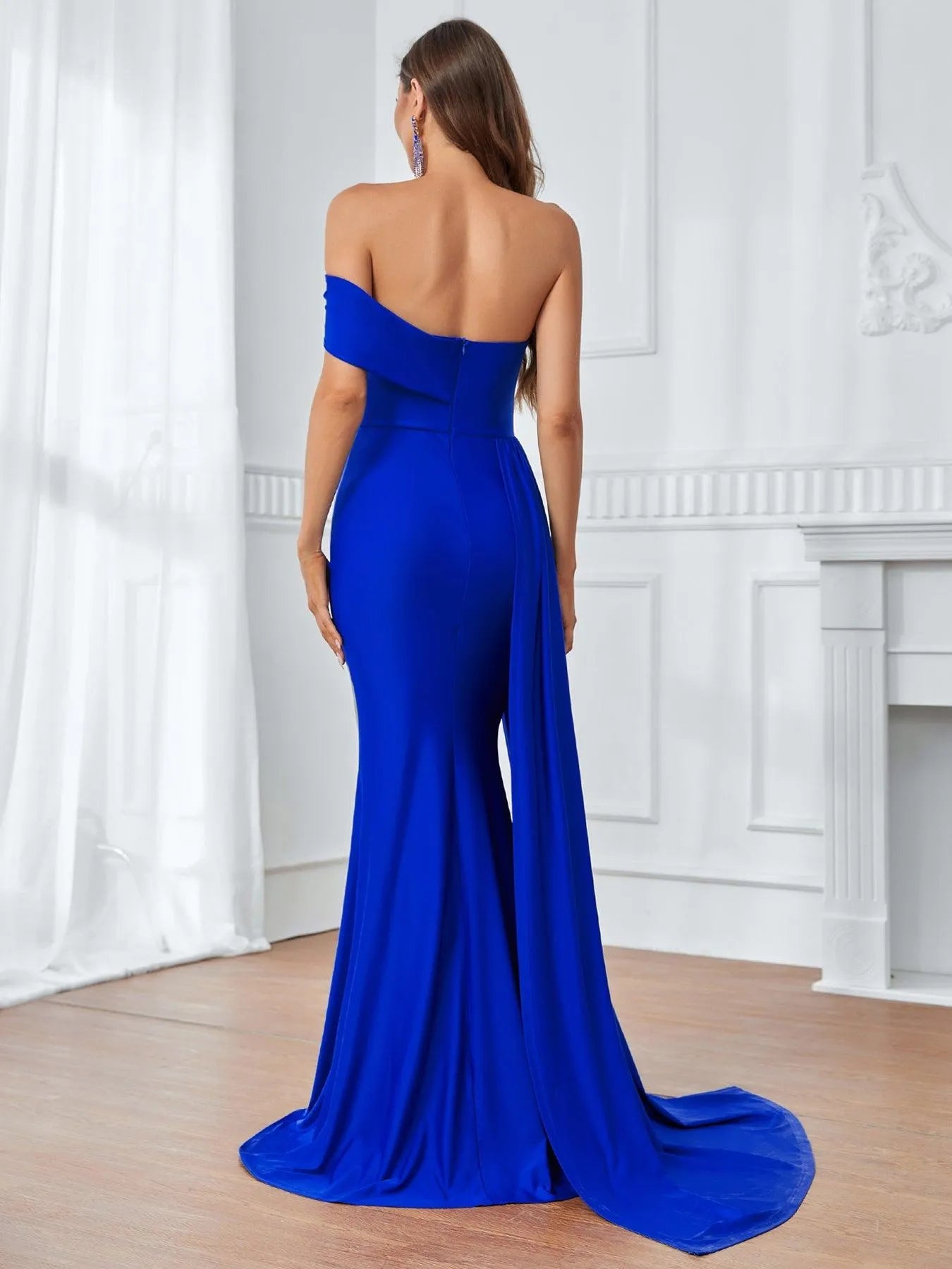 Off Shoulder Draped Side Mermaid Hem Formal Dress