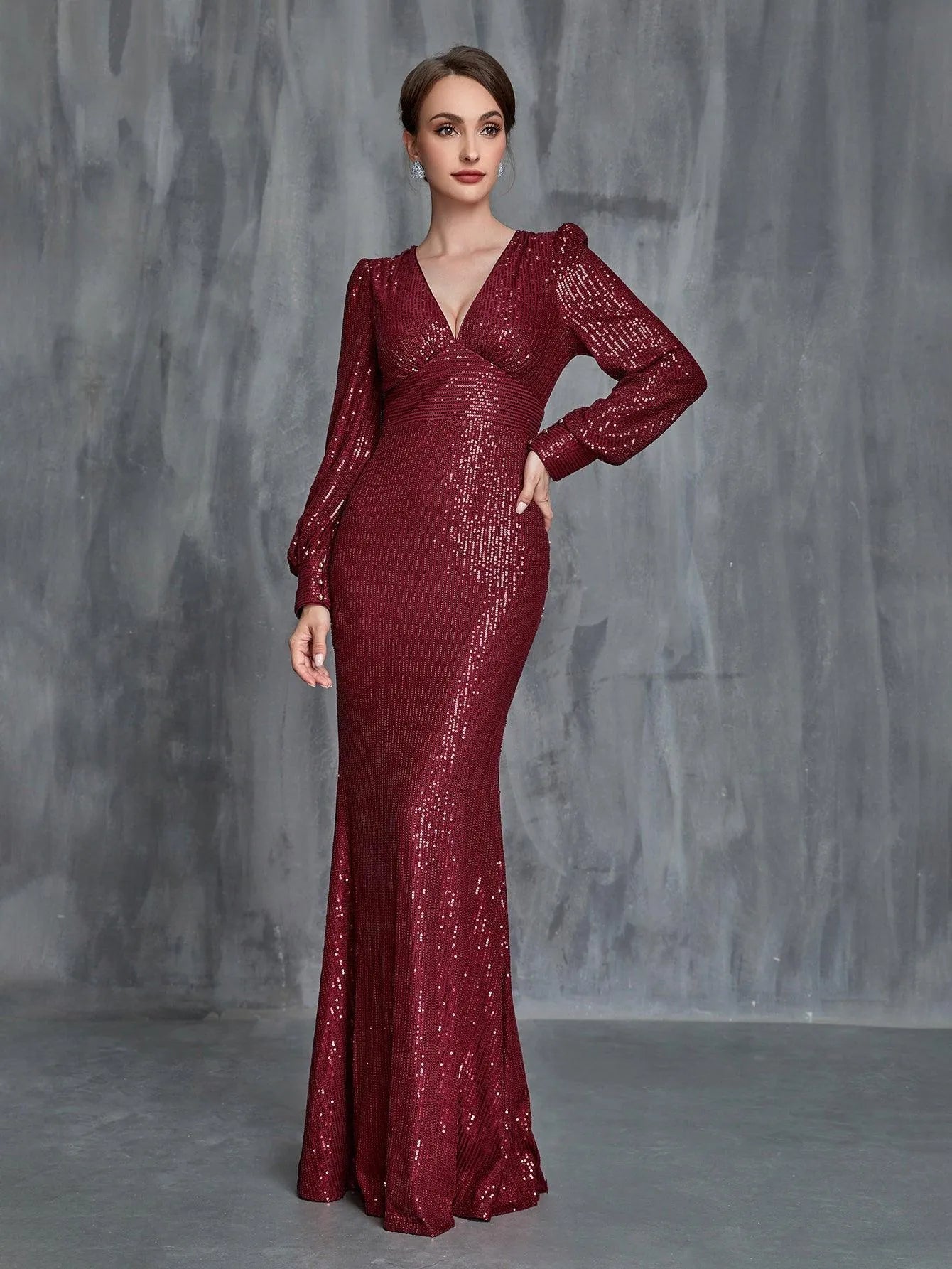 Womens' Plunging Neck Mermaid Hem Sequin Formal Dress