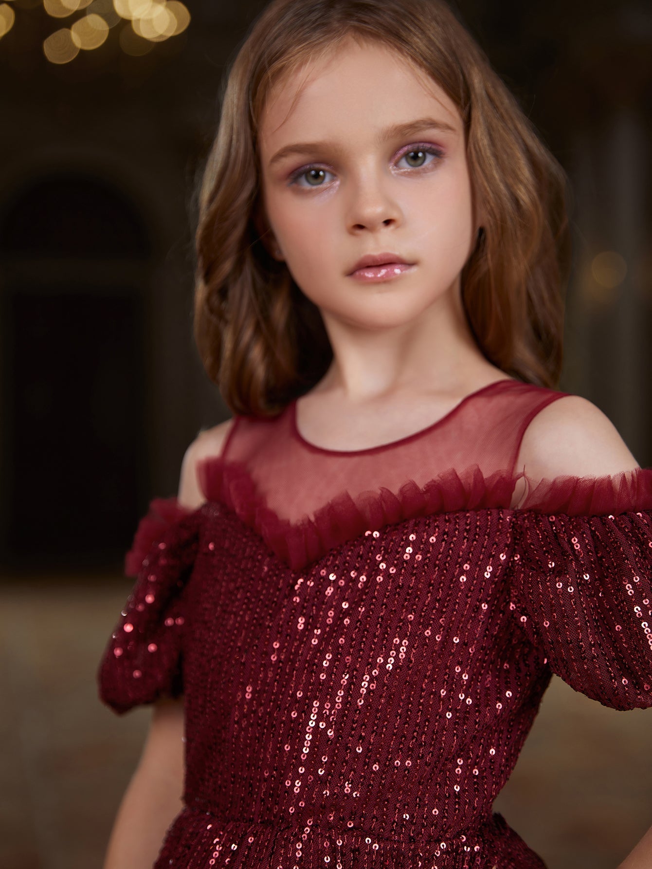 Girl's Cold Shoulder Sequin A Line Party Dress