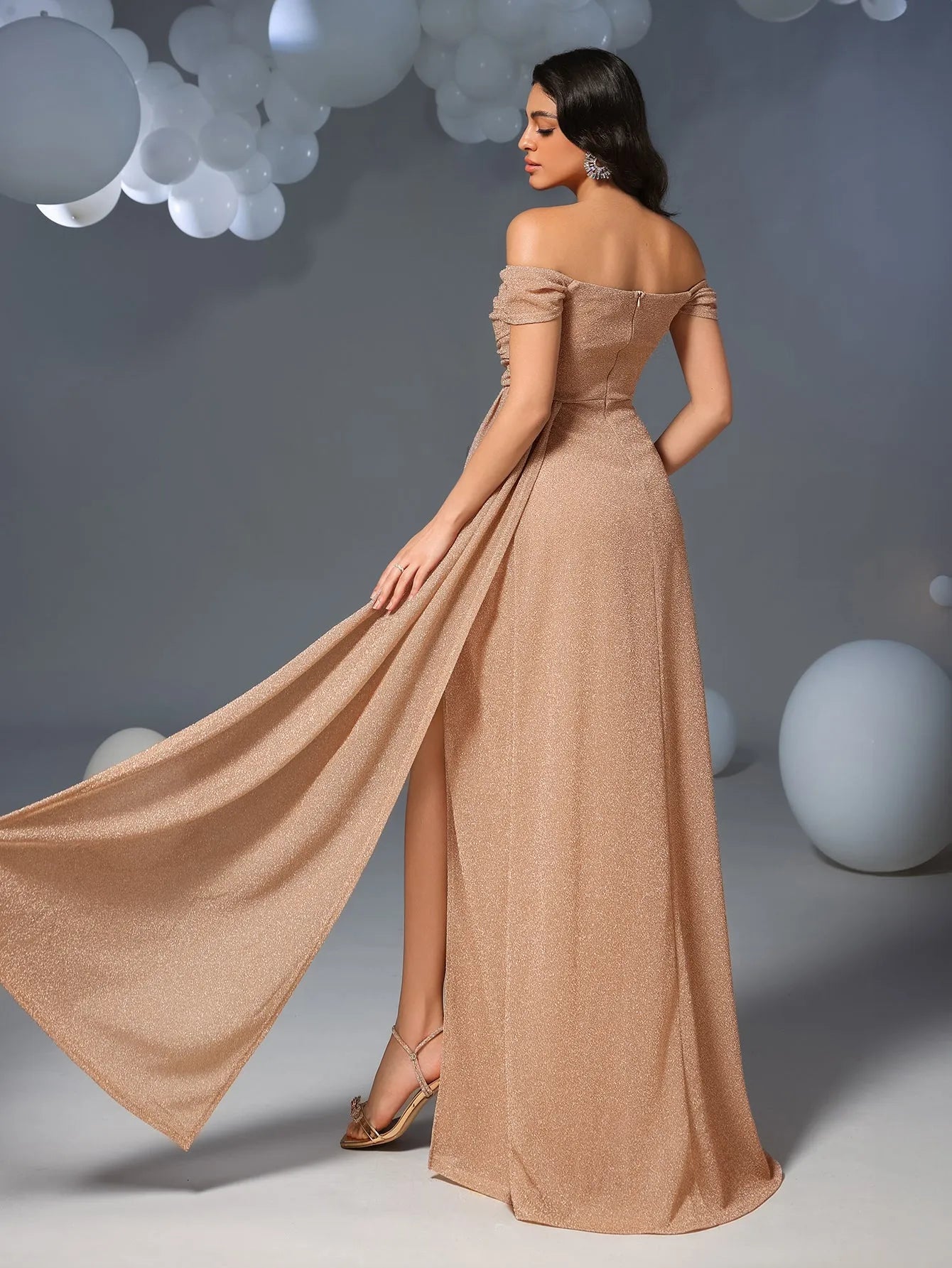 Glitter Off Shoulder Draped Side Split Thigh Formal Evening Dress