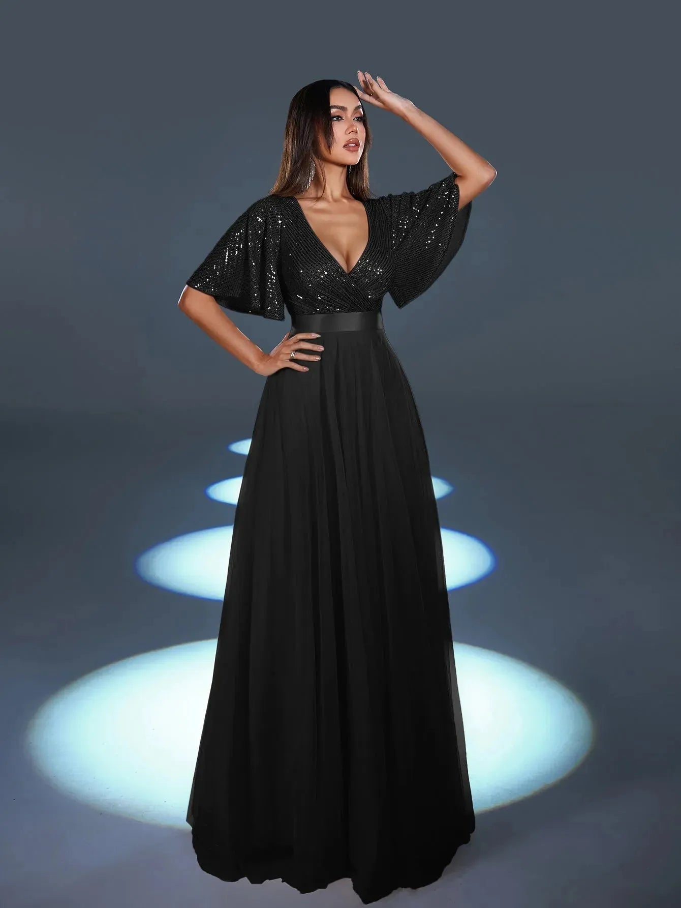 Elegant Surplice Neck Butterfly Sleeves Sequin Party Dress