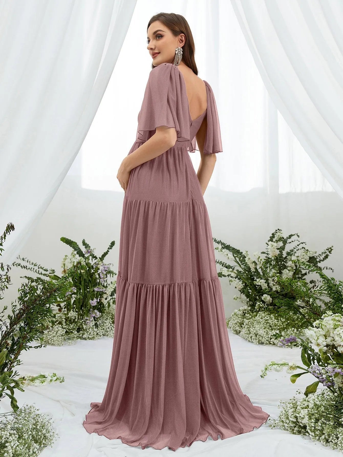 Maternity Plunging Neck Butterfly Sleeve Ruffle Hem Dress