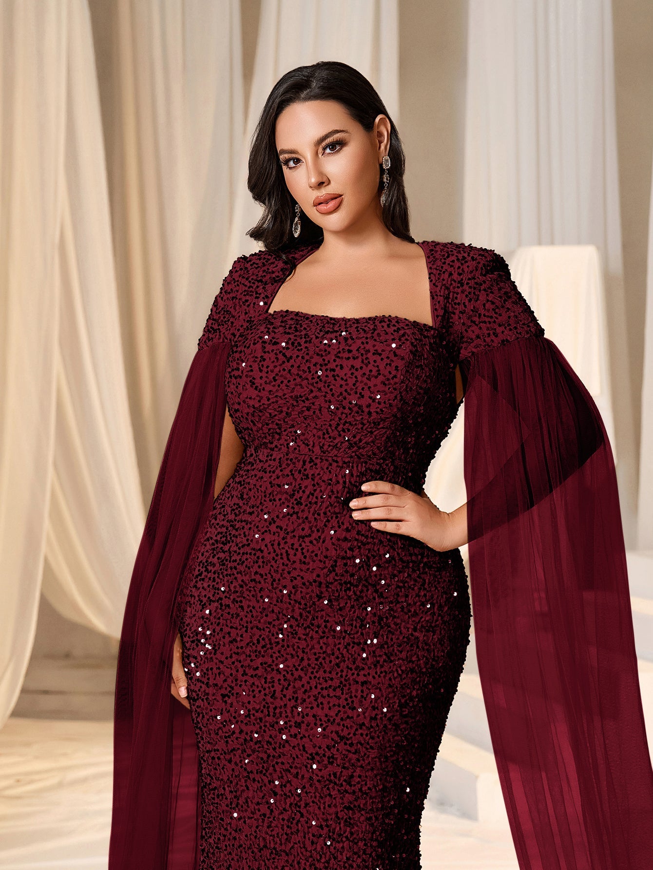 Plus Square Neck Cape Sleeves Sequin Mermaid Dress