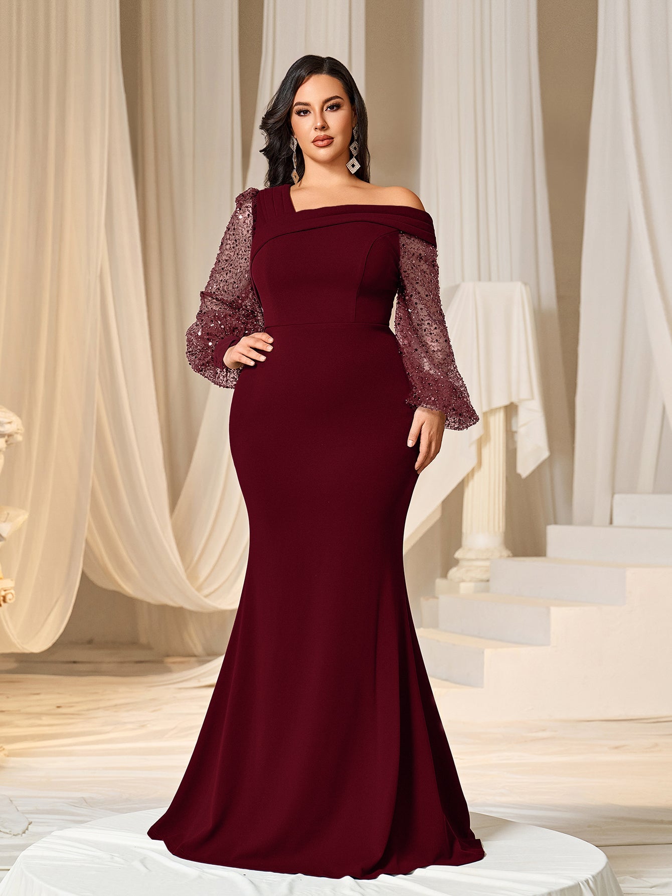 Plus Asymmetrical Neck Lantern Sleeves Formal Mermaid Dress