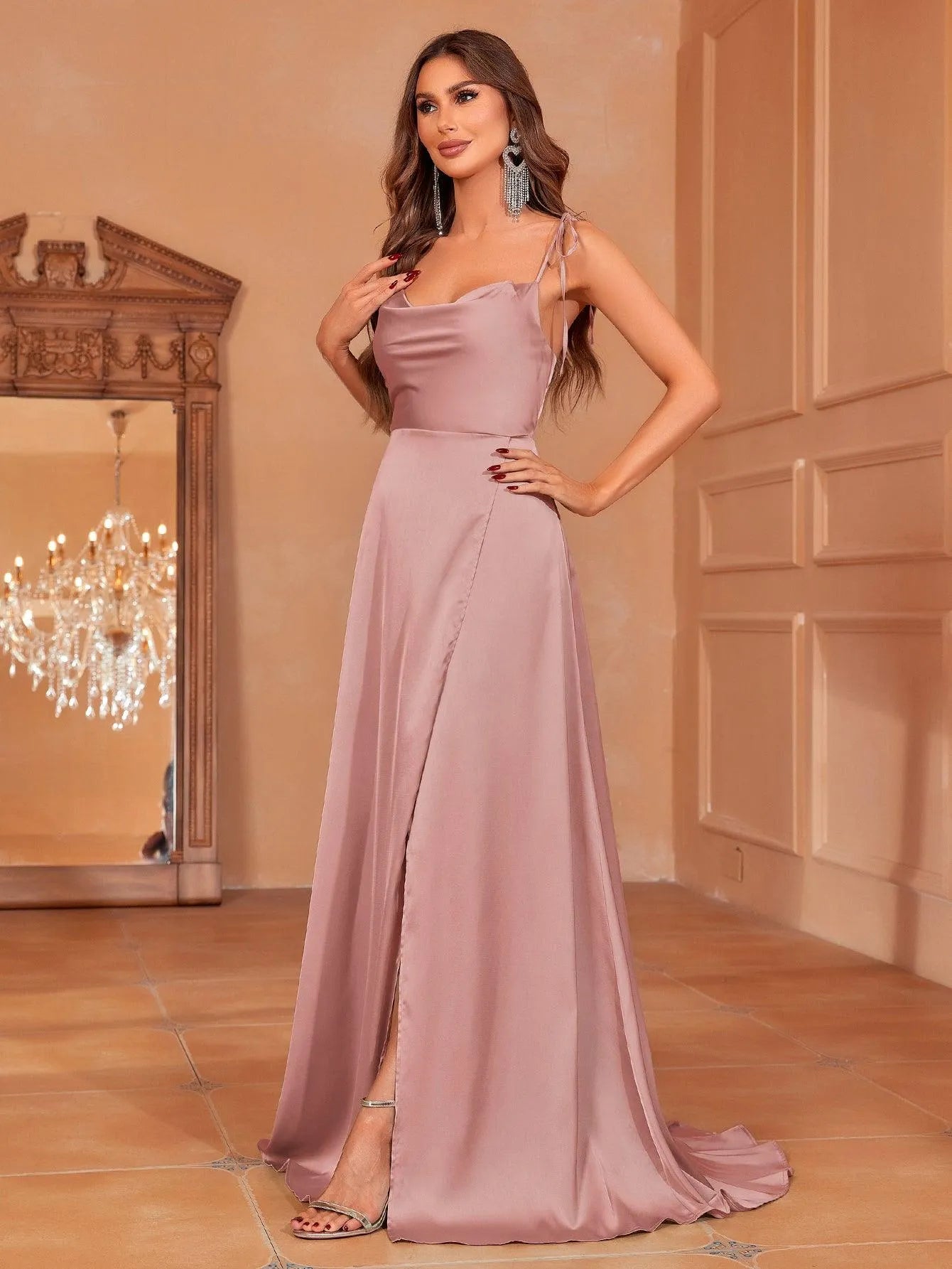 Elegant Tie Shoulder Satin Bridesmaid Dress