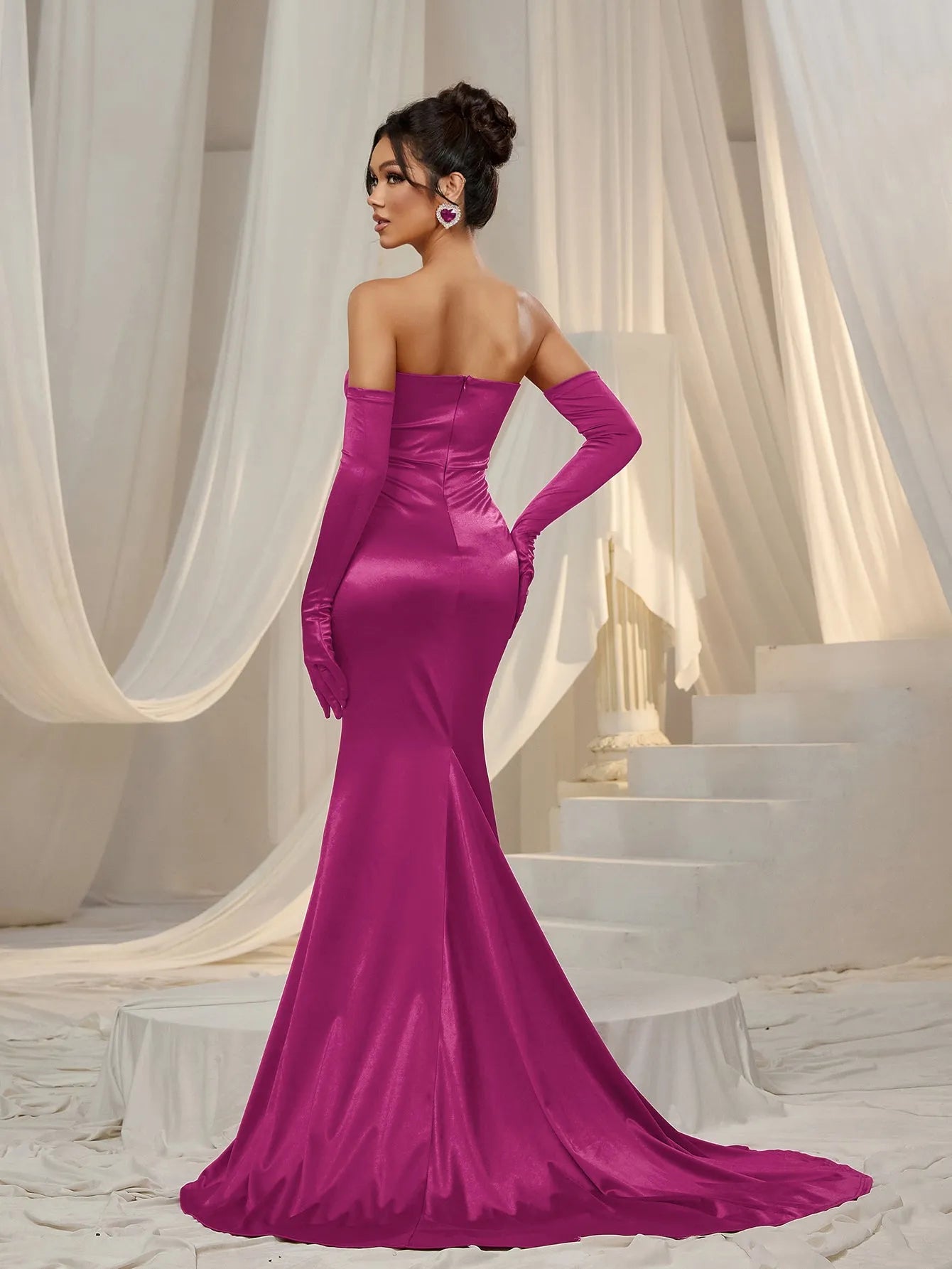 Elegant Ruched Wrap Hem Satin Tube Prom Dress（Gloves Included）