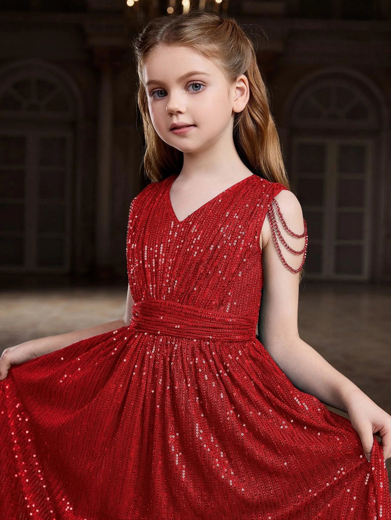 Tween Girls' V Neck Chain Detail Sequin Party Dress