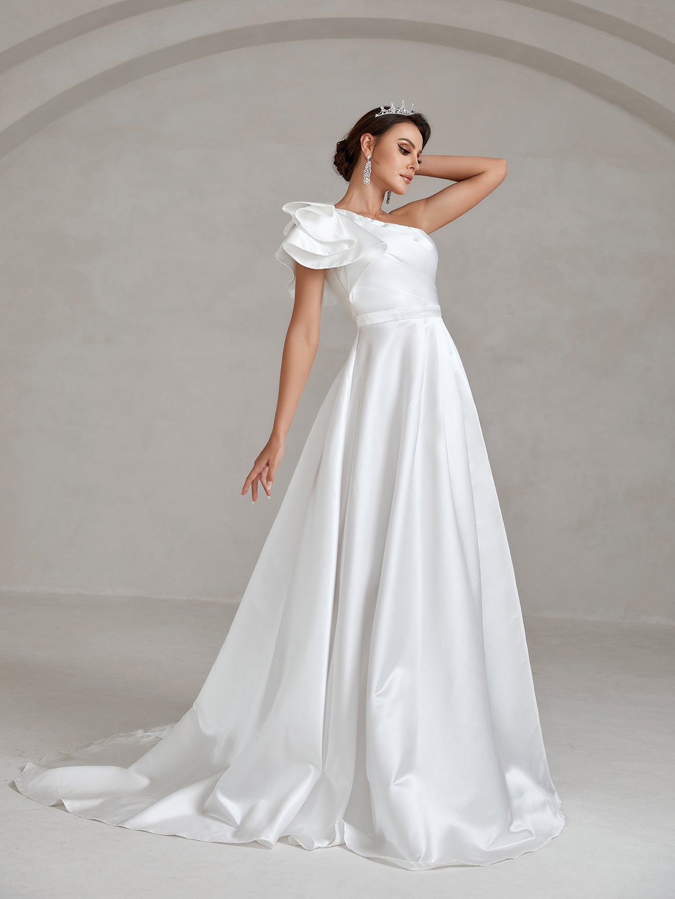 Ruffle Trim One Shoulder Split Thigh Satin A Line Wedding Dress