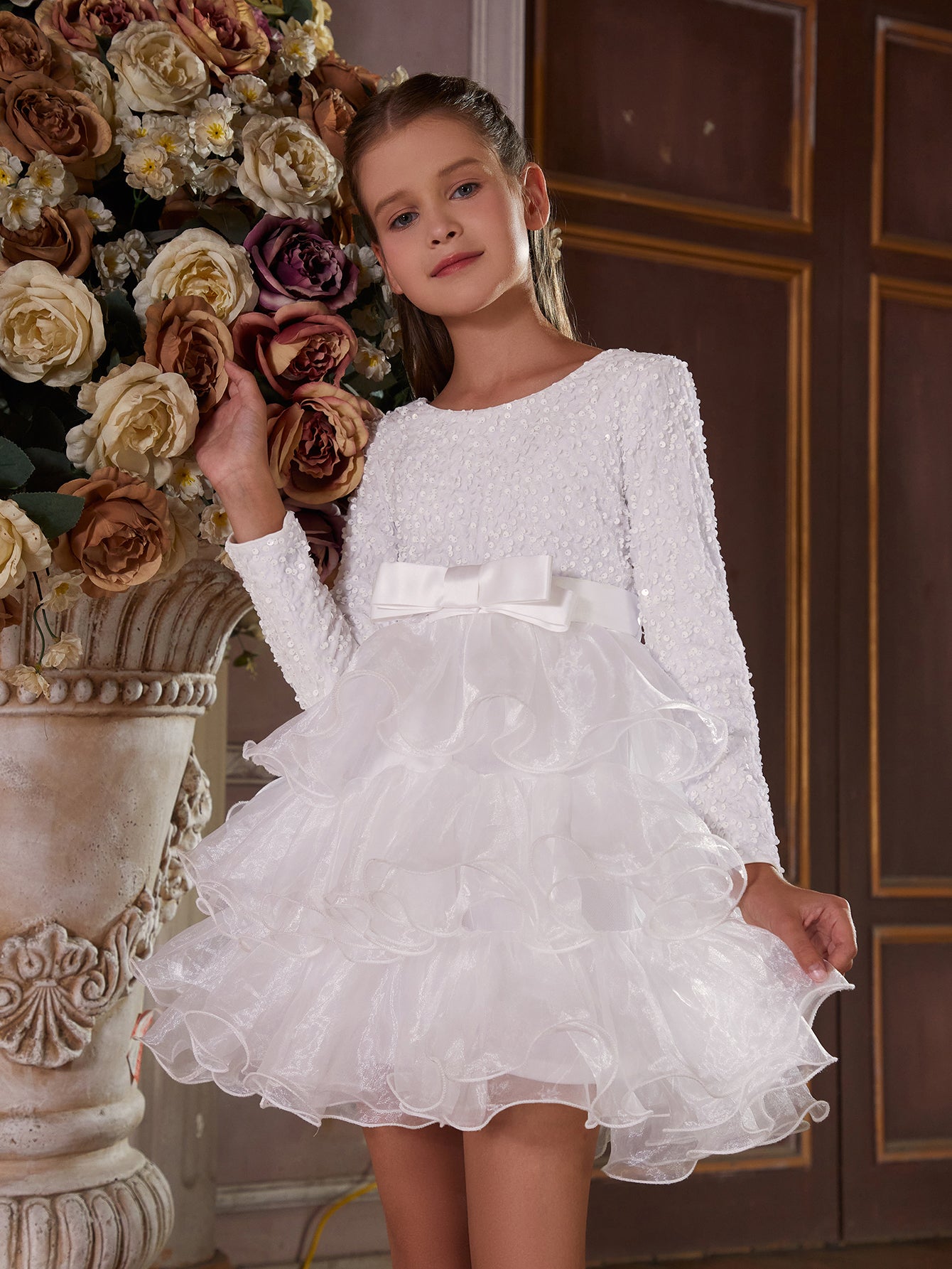 Girl's Sequin Contrast Layered Organza Hem Dress