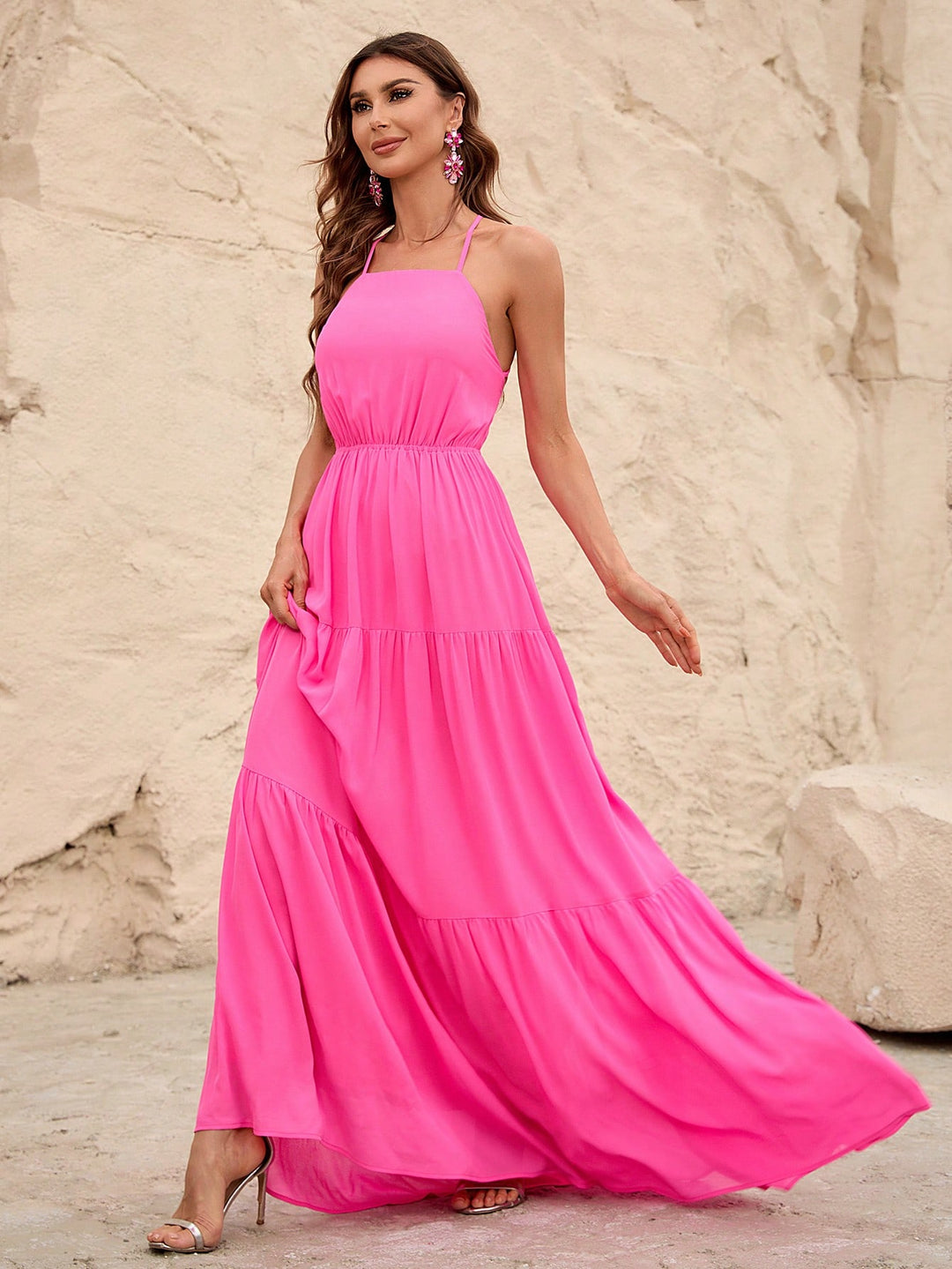 Back Lace Up Chiffon Tiered Maxi Dress