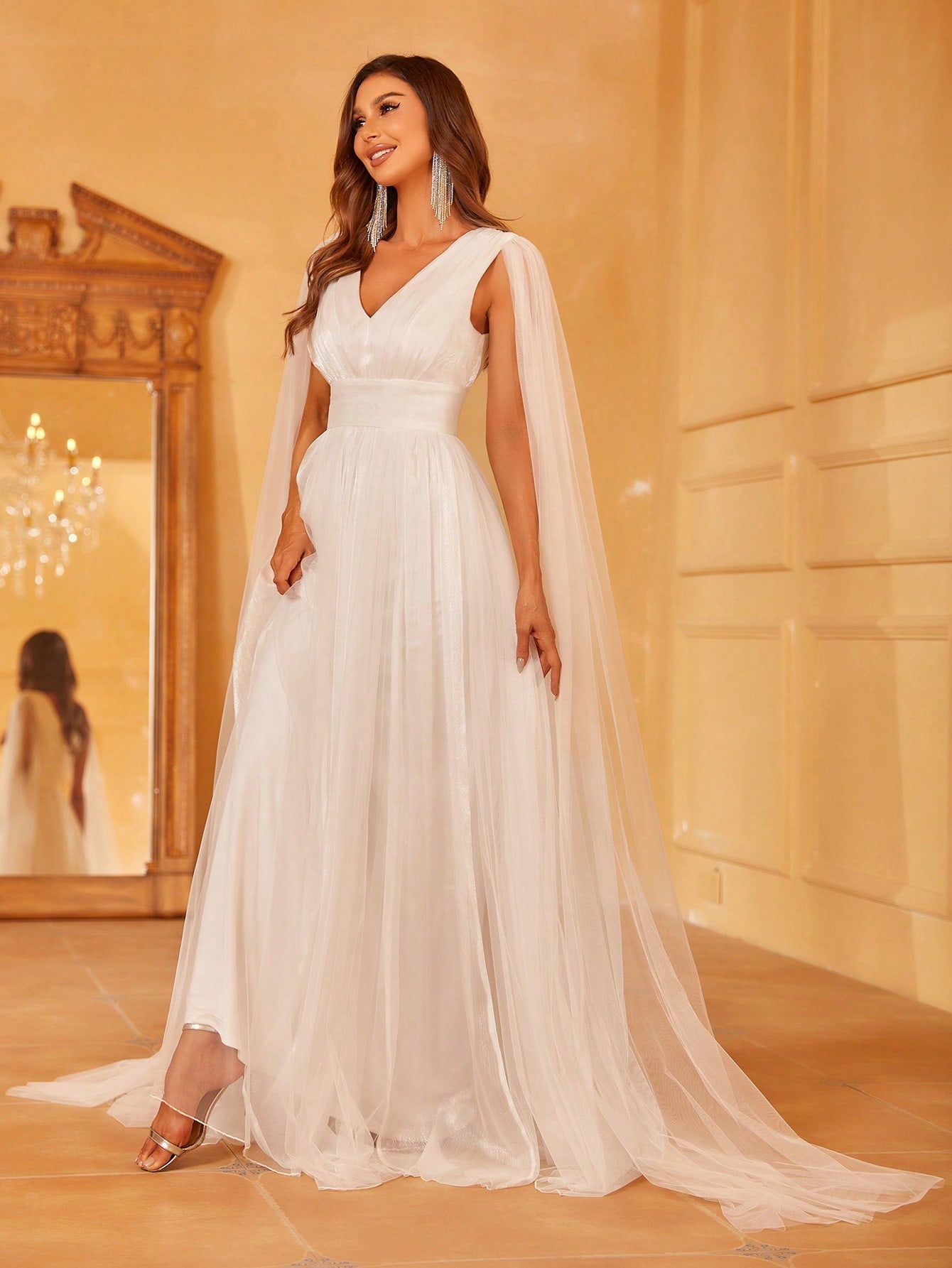 Plunging Neck A Line Wedding dress With Cape