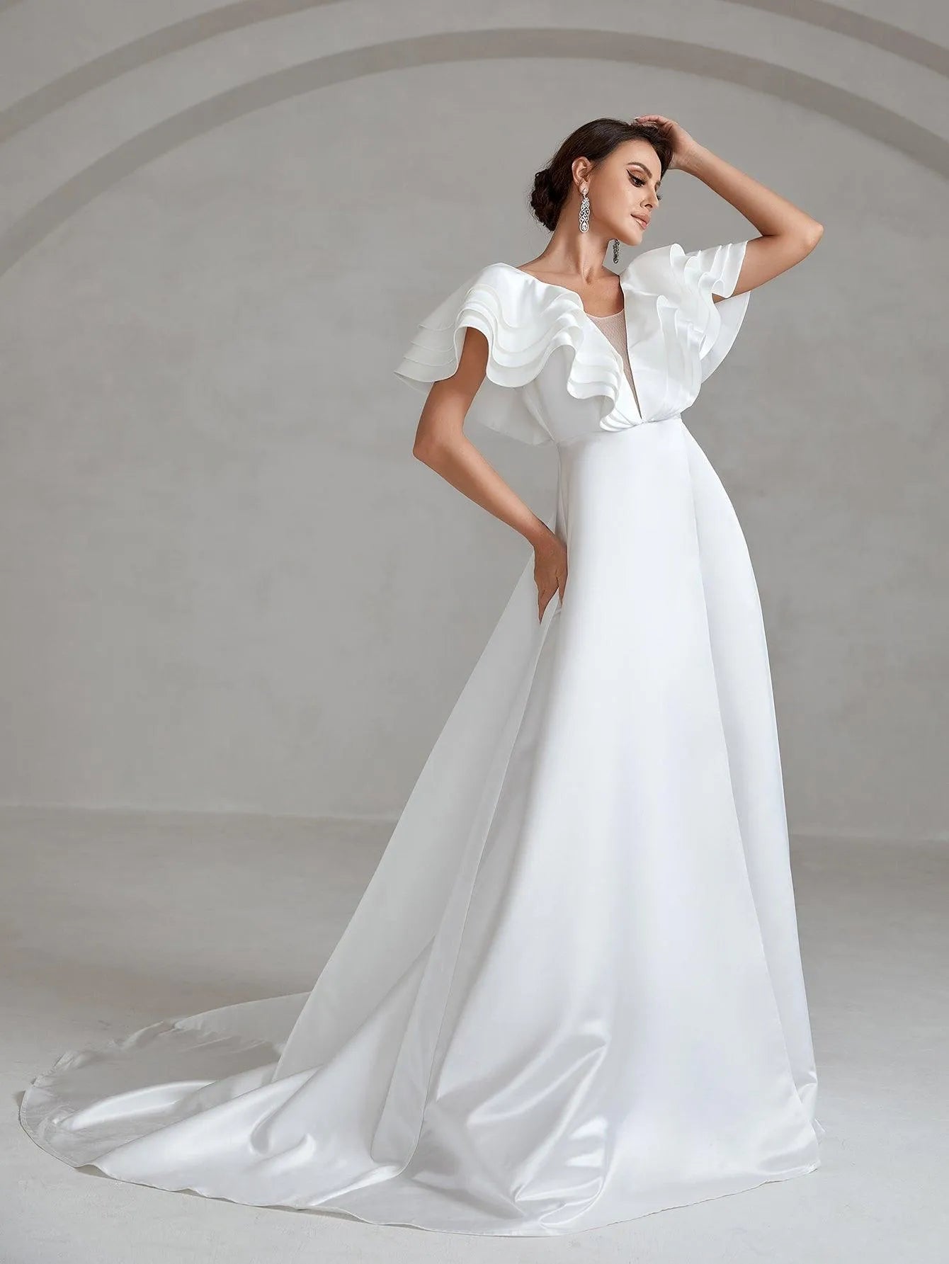 Backless Ruffle Layered Sleeve Satin Wedding Dress