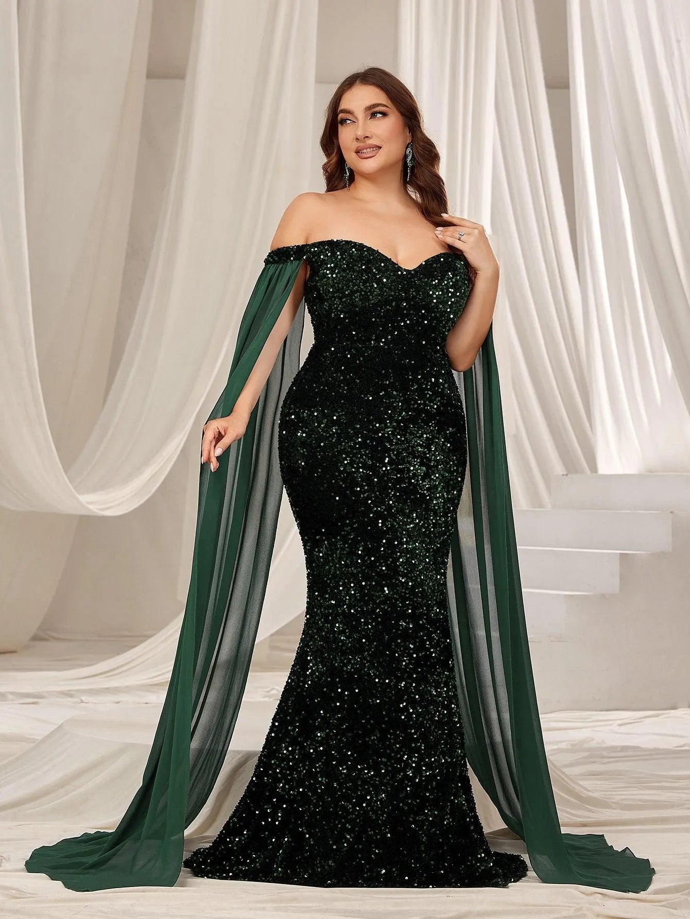 Plus Off Shoulder Extra-Long Sleeve Sequin Mermaid Dress