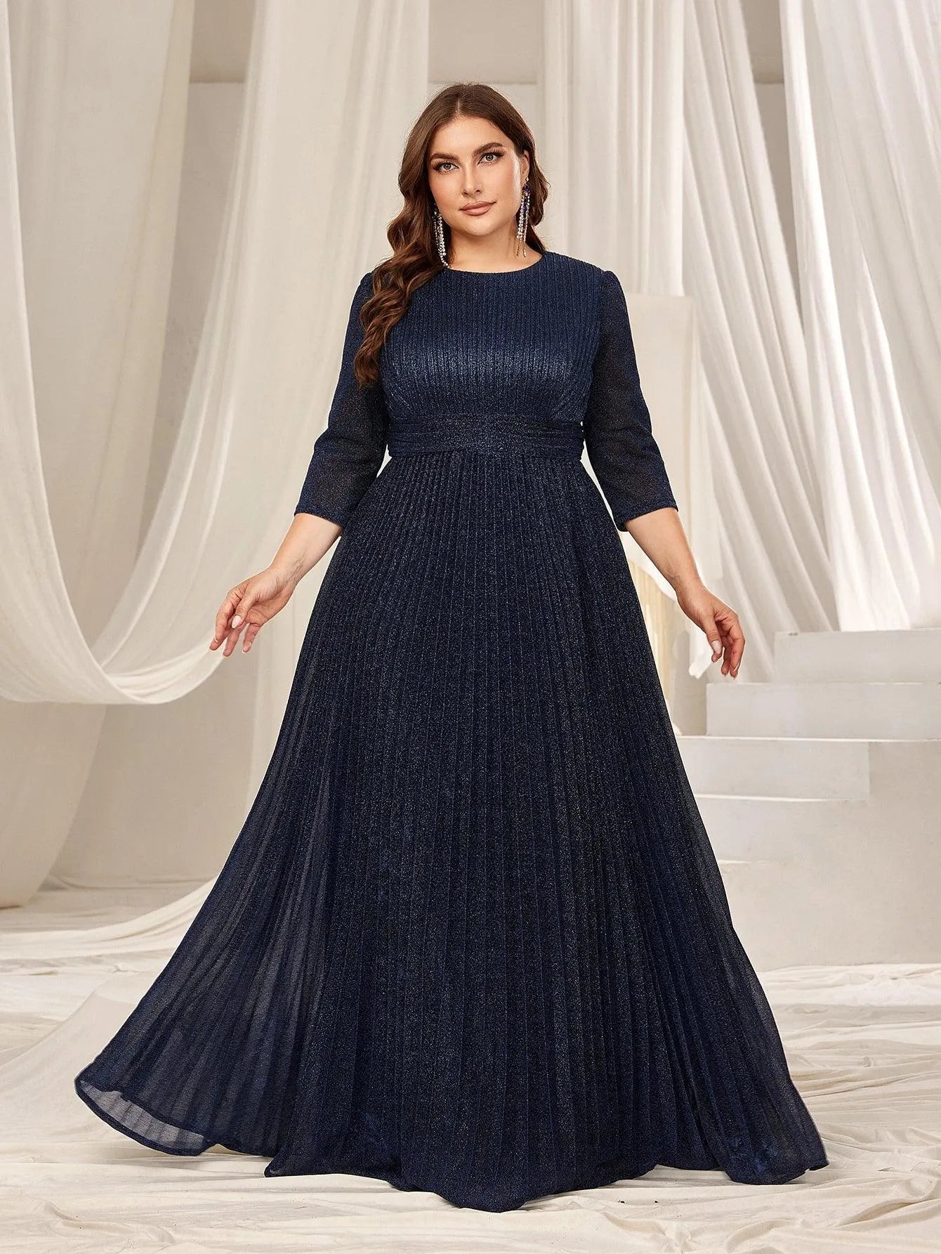 Plus Glitter 3/4 Sleeves Pleated A Line Evening Dress