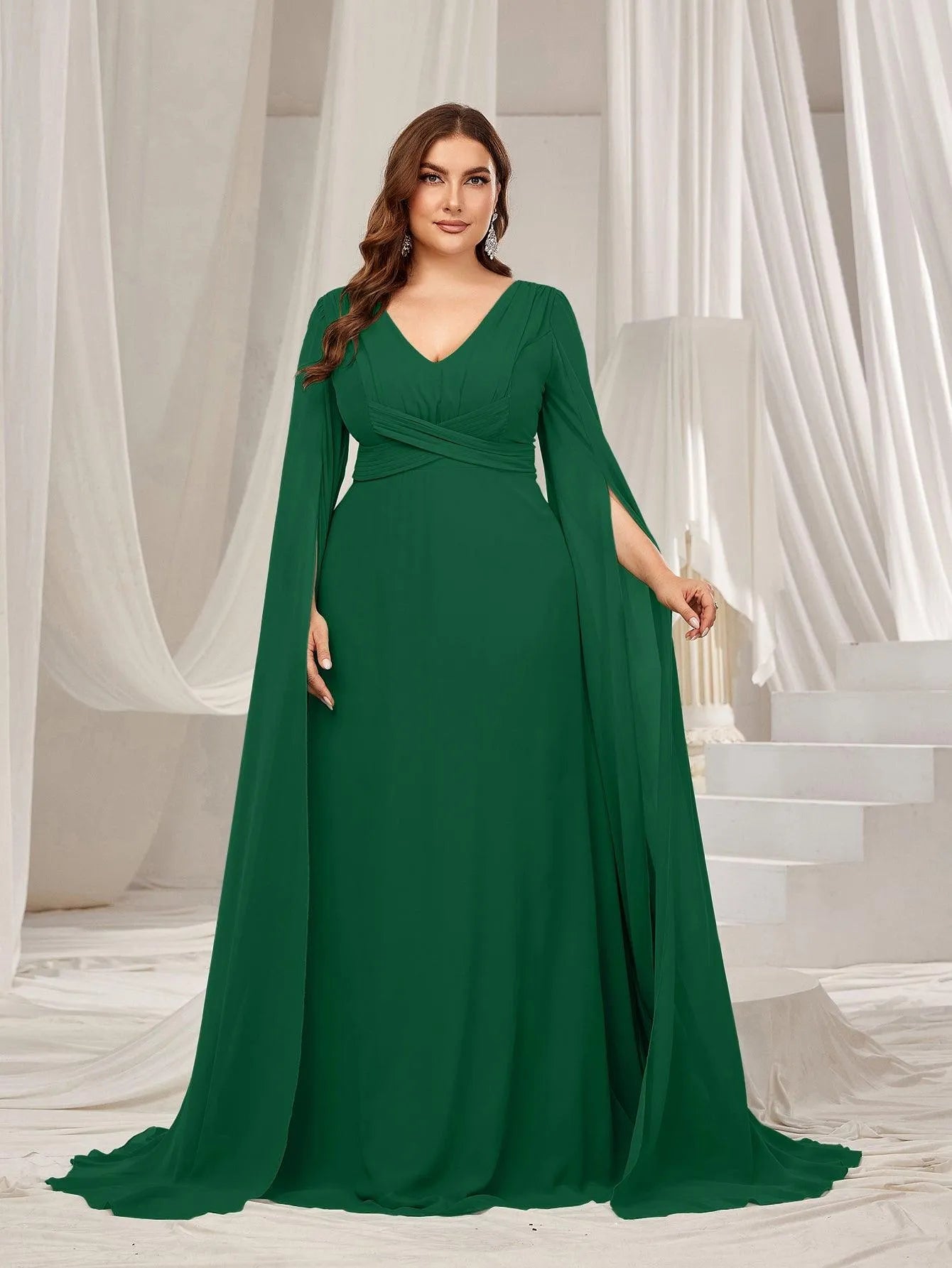 Plus Solid Ruched Front Extra-Long Sleeves Chiffon Prom Dress