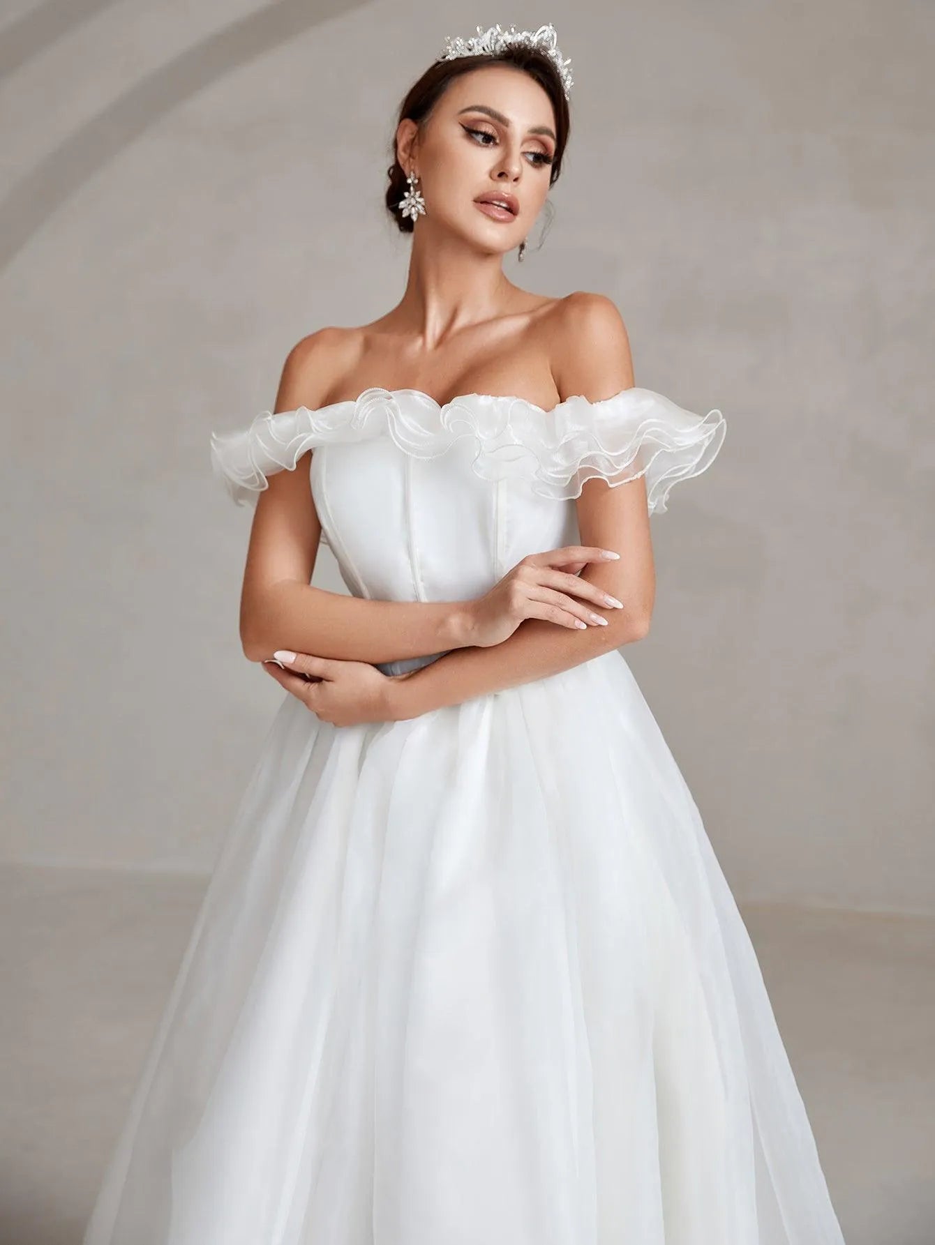 Off Shoulder Satin Bodice Contrast Organza Wedding Dress