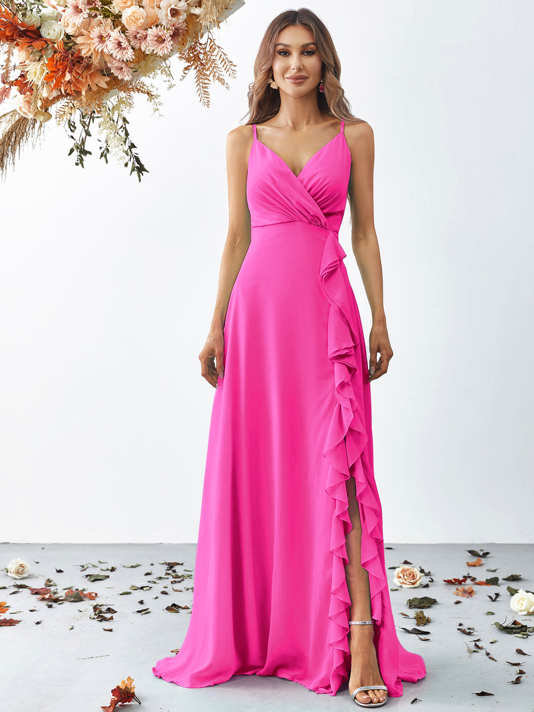 Elegant V Neck Sleeveless Ruffle Slit Chiffon A Line Dresses