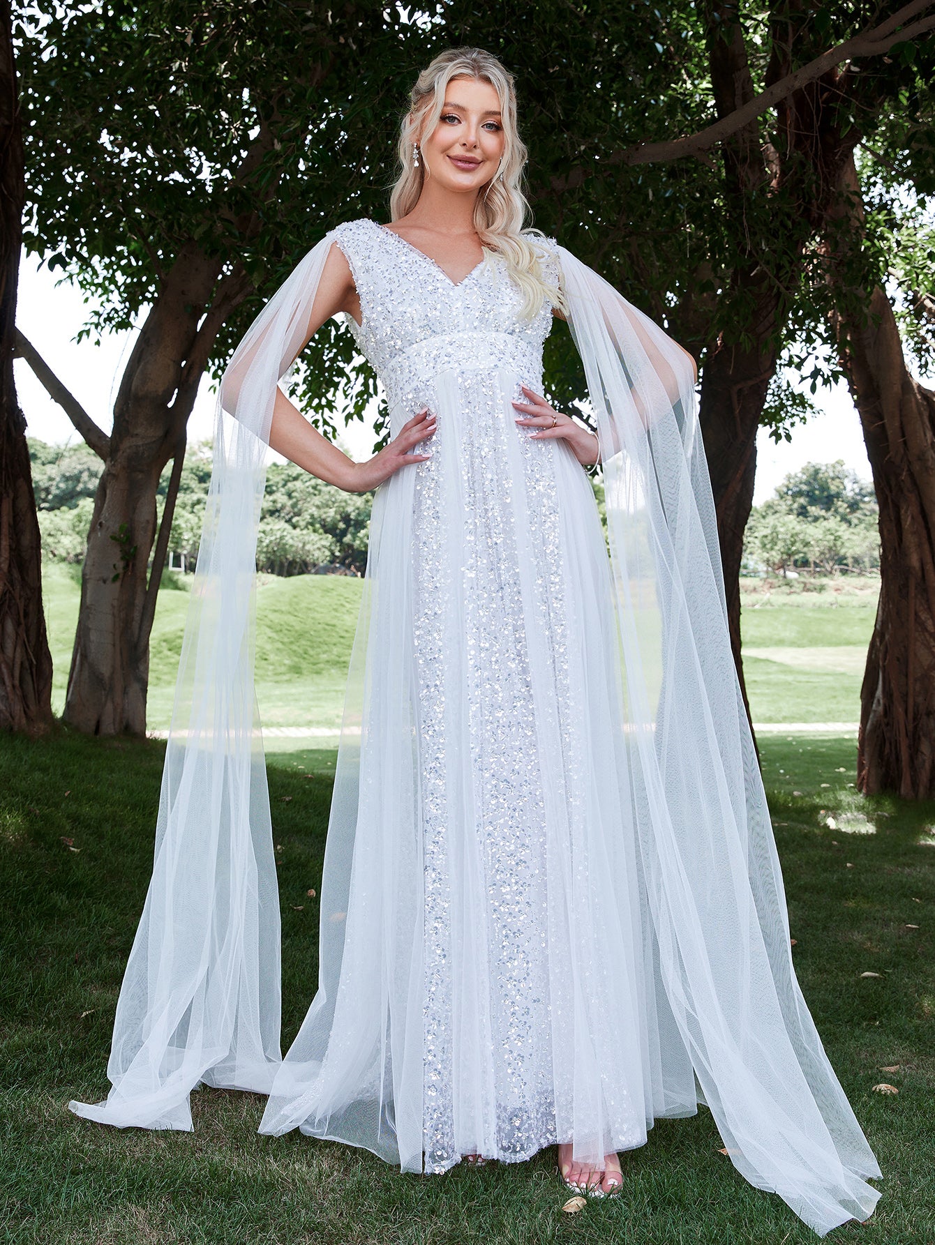 Plunging Neck Cloak Sleeve Sequin Wedding dress