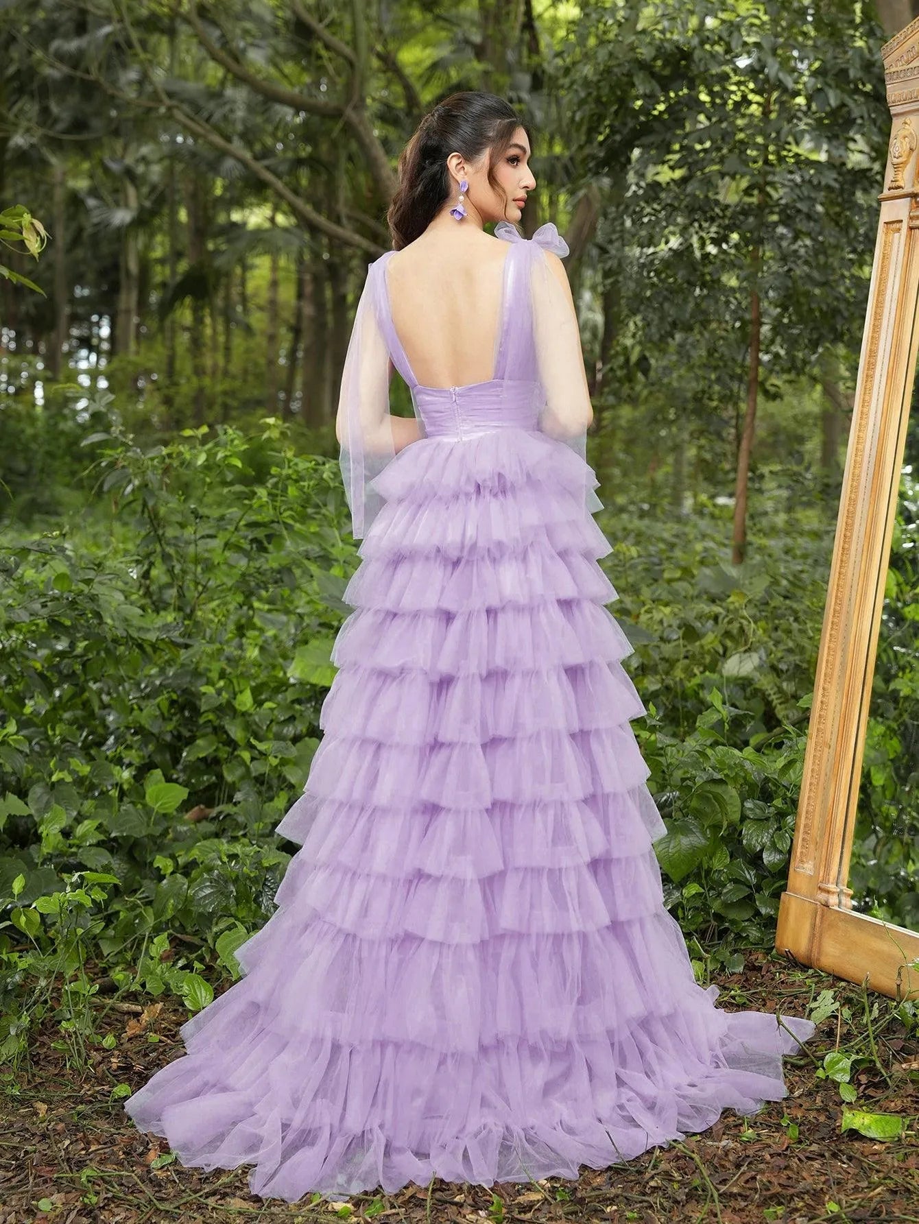 Gorgeous Plunging Neck Backless Cascading Ruffle Tulle Prom Dress