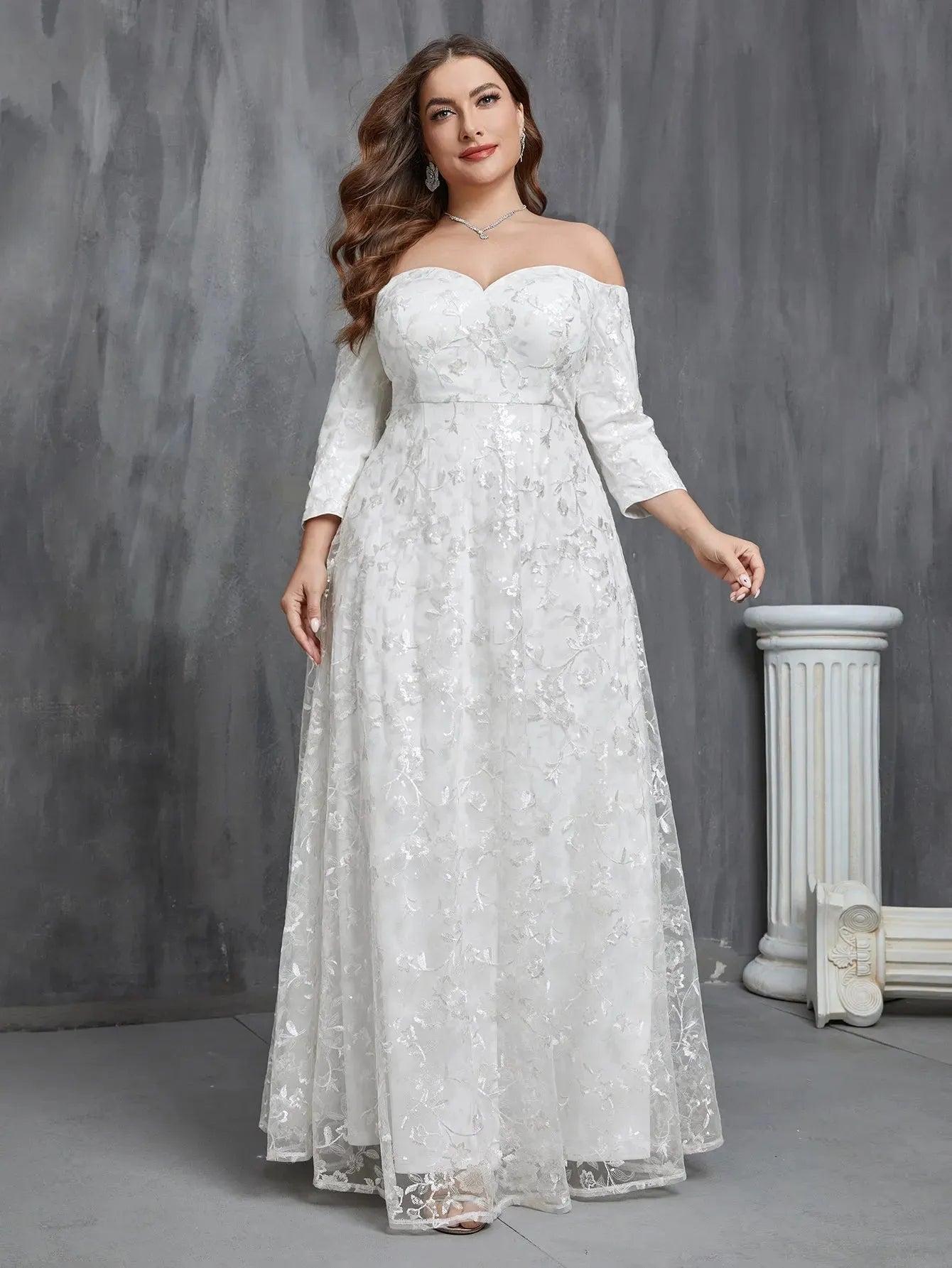 Plus Off Shoulder 3/4 Sleeves Sequin Wedding Dress