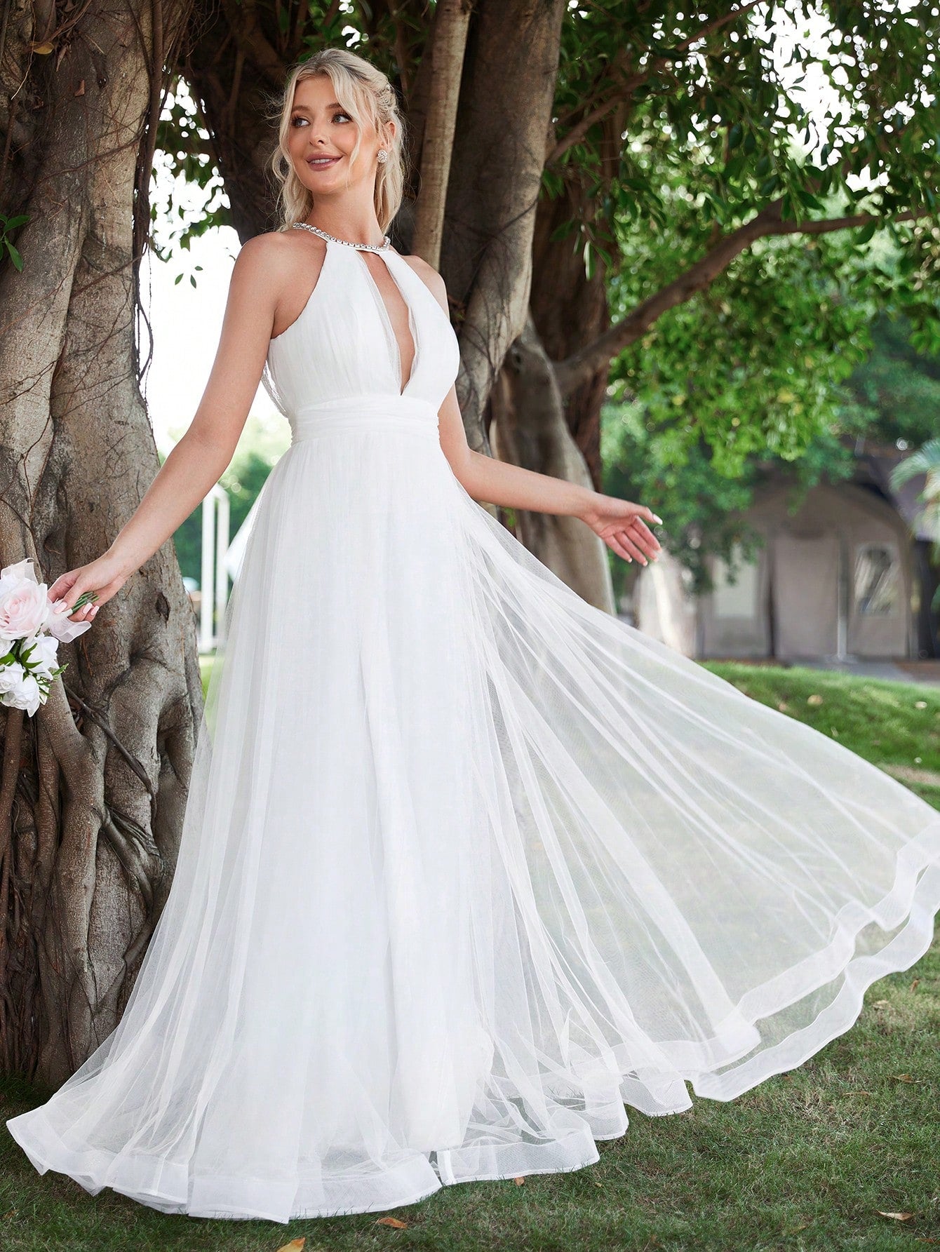 Halter Neck Cut Out Front  Mesh Wedding Dress